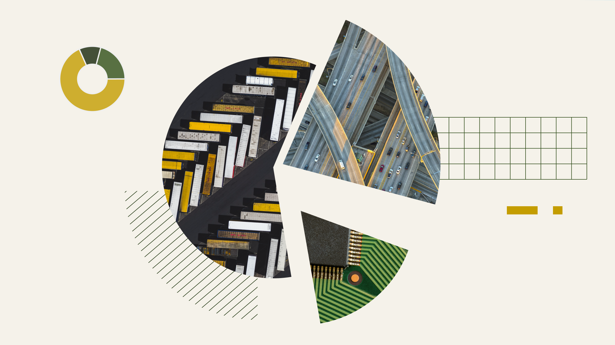 Collage-style illustration of a pie chart with segments containing photographs of shipping containers, semiconductors, and cars on a highway.