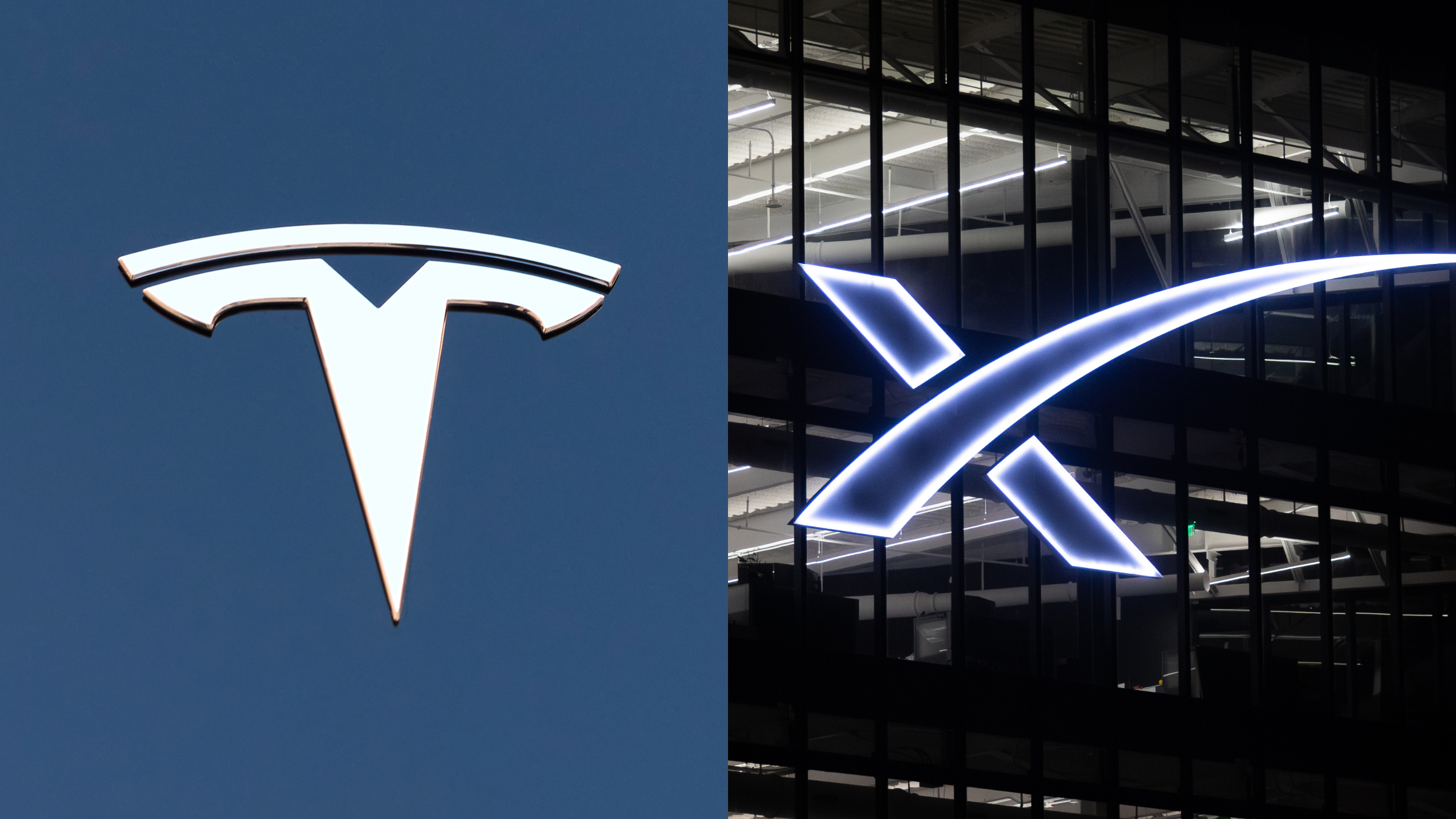 A general view of the Tesla logo and the SpaceX logo.