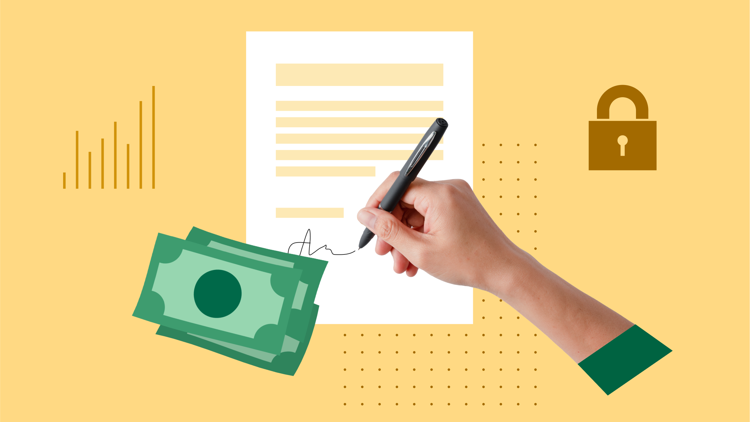 Collage illustration featuring imagery of a hand signing a contract with icons of cash and a lock in the background.
