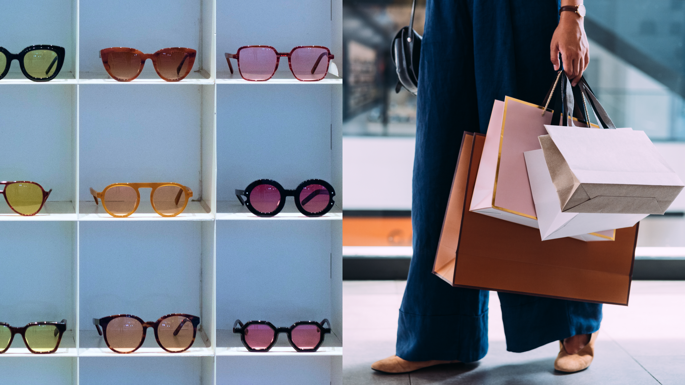 collage aus Frau mit Einkaufstüten und Sonnenbrillen im Regal