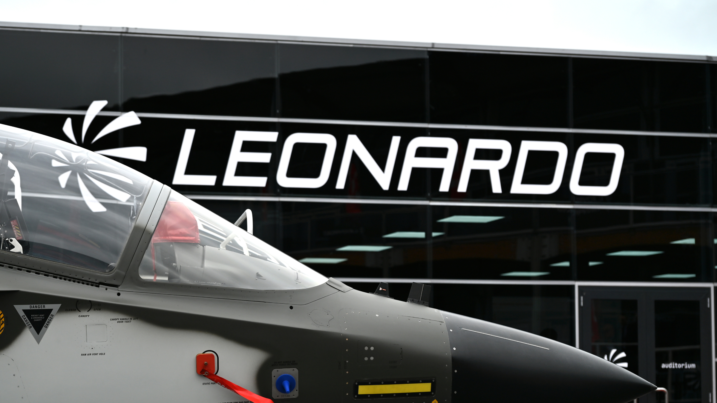 The Leonardo logo is seen over a Aermacchi M-346 FA Fighter Attack Aircraft.