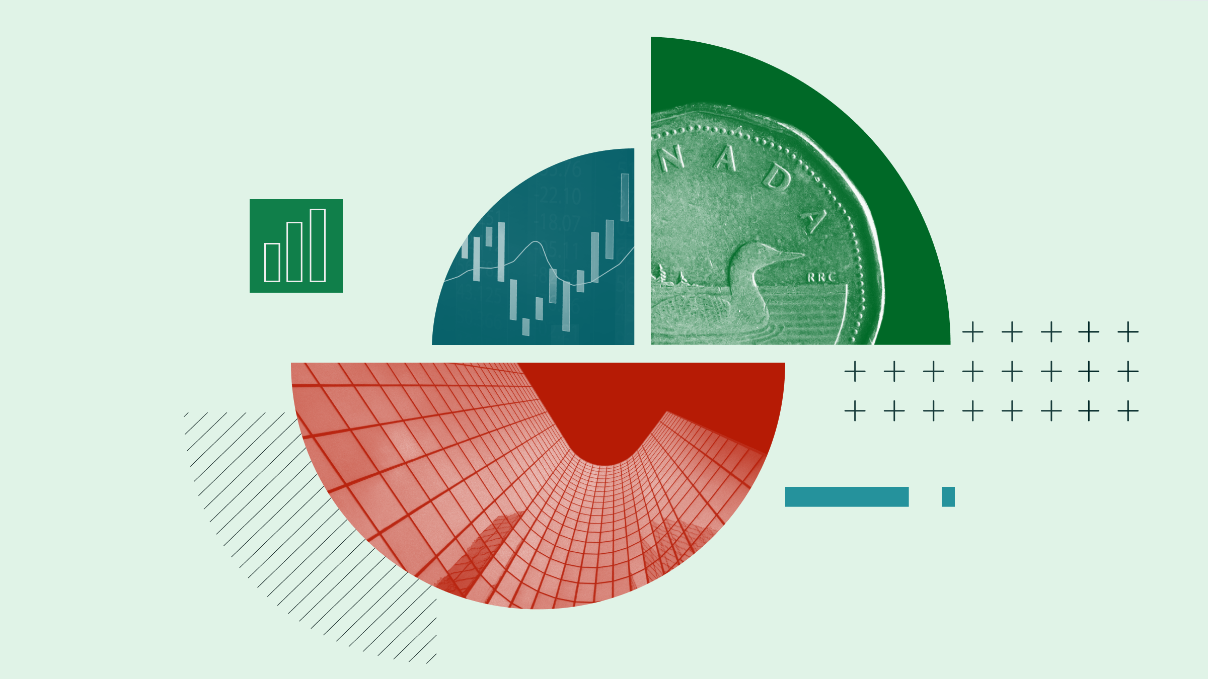 Illustration sous forme de collage représentant une pièce de monnaie canadienne d'un dollar, un symbole indiquant une tendance positive du marché et un immeuble de bureaux.