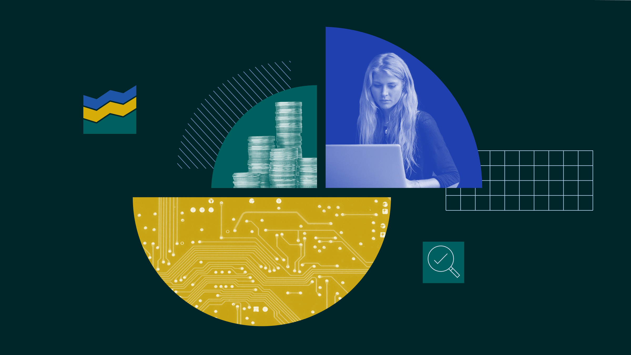 Collage illustration featuring photos of a semiconductor, a woman using a computer, and a stack of coins.