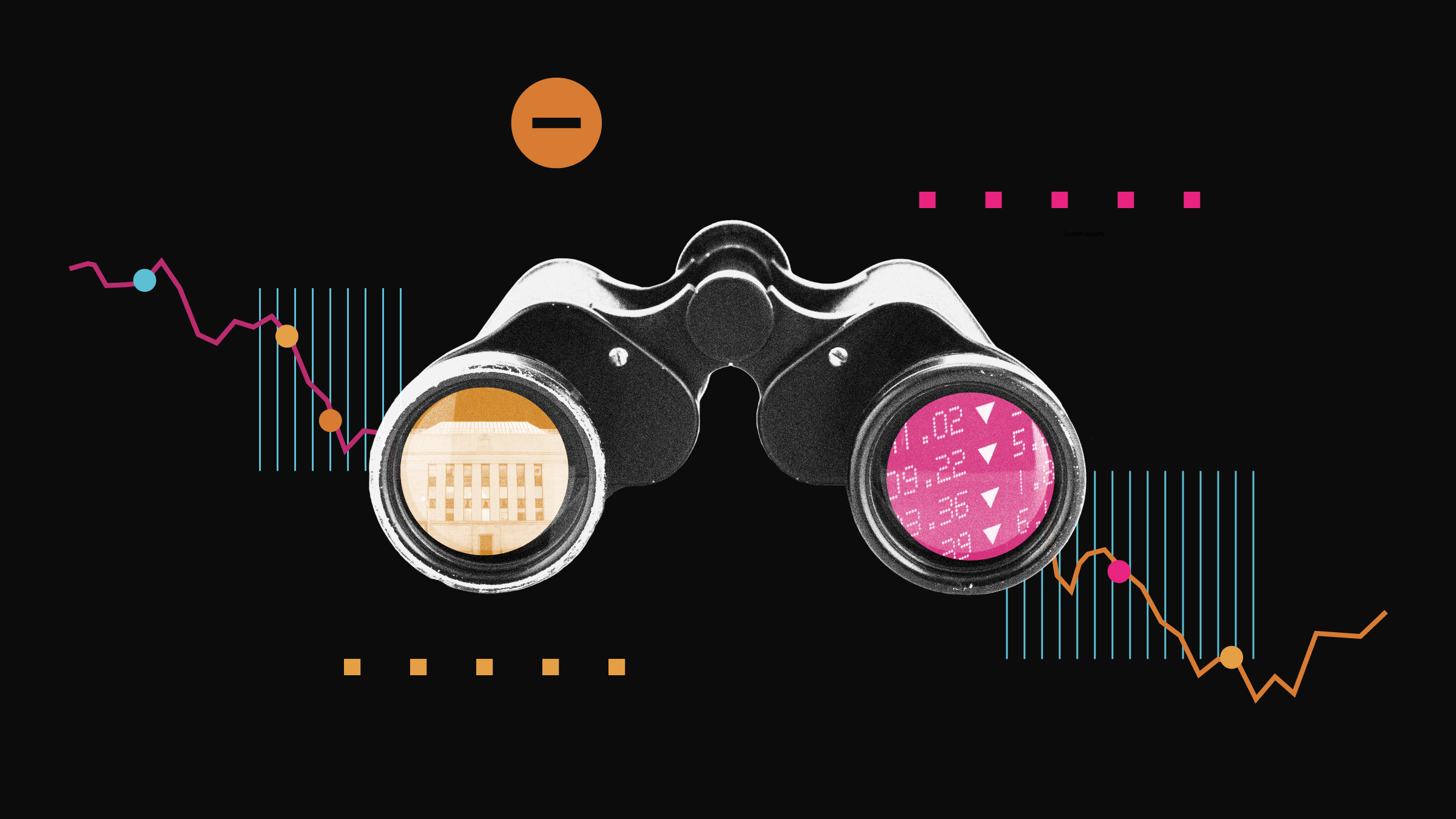 Illustration on jumelles with graphical elements and a time series graph on the back-plan