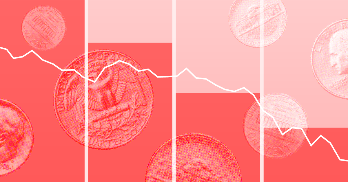 Illustration with coins floating over red bar graphs