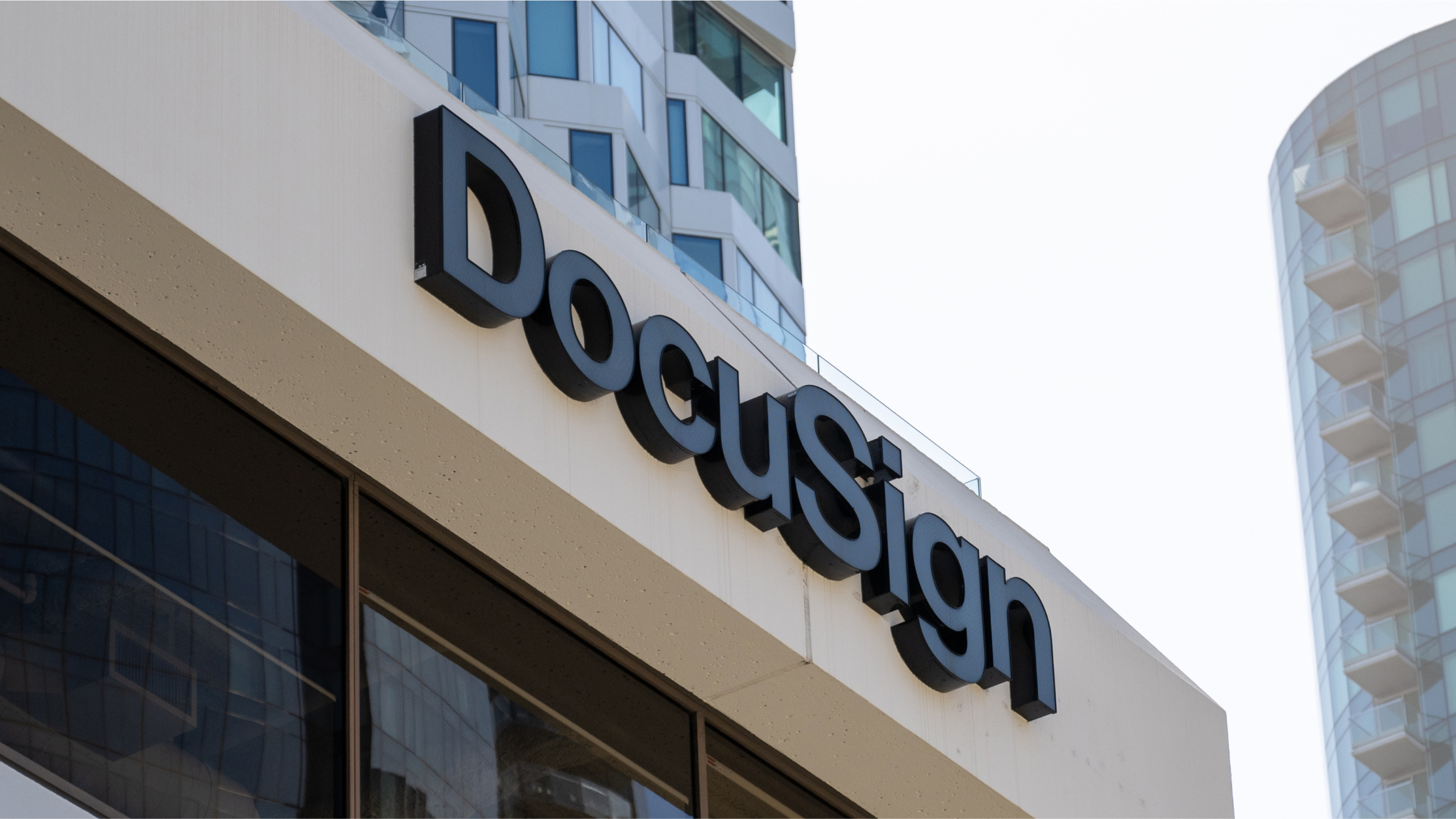 Facade of DocuSign building with logo visible on a sunny day.