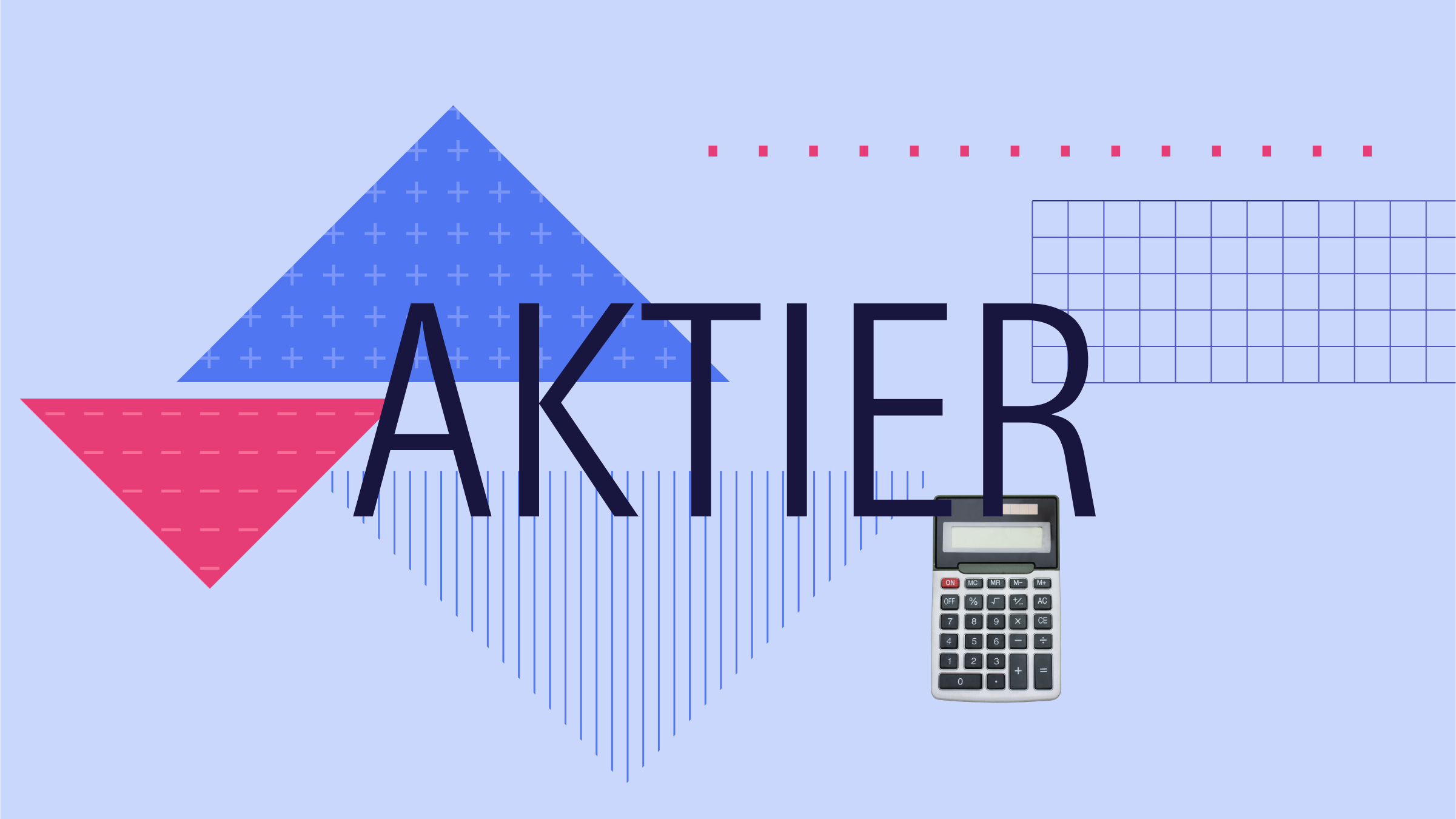 Collage illustration with the text "Aktier" at the center and a calculator and graphical elements in the background.