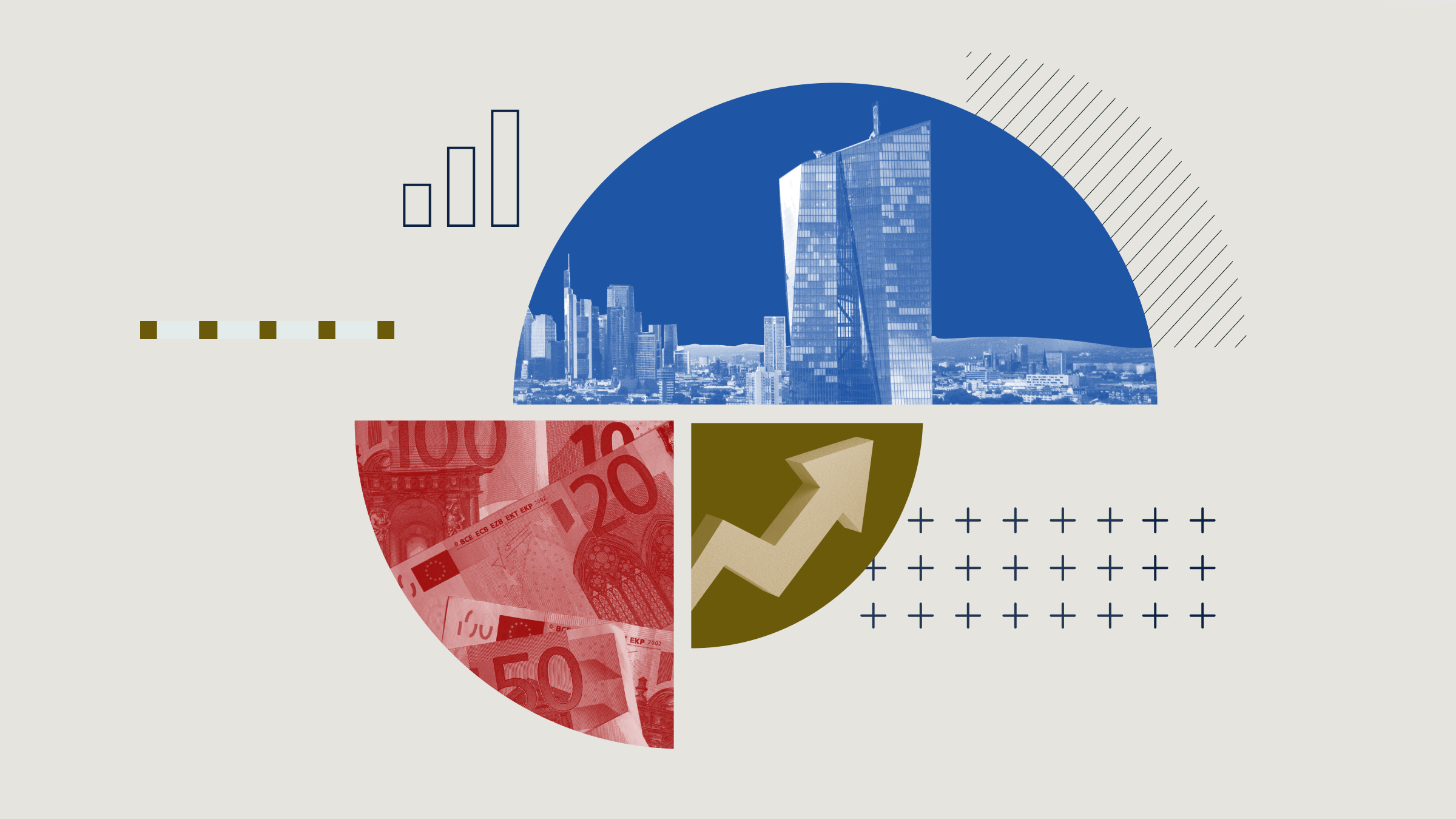 Ilustraci&oacute;n en collage de un gr&aacute;fico circular con im&aacute;genes del Banco Central Europeo, una flecha hacia arriba y billetes.