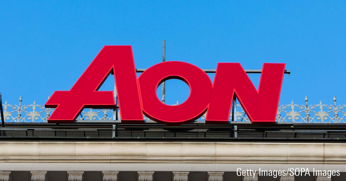 Red Aon logo sign displayed above building.