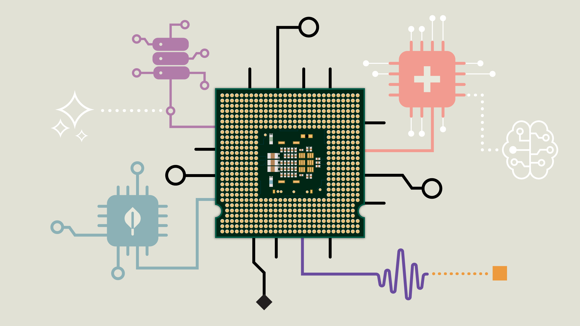 Illustration montrant en gros plan une puce semi-conductrice connect&eacute;e &agrave; d&apos;autres composants semi-conducteurs, illustrant son int&eacute;gration dans la technologie de l&apos;intelligence artificielle.