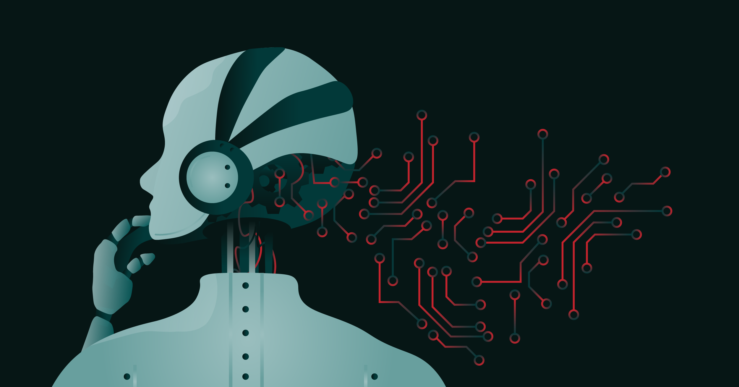 Illustration of AI depicted by a robot in thought with red and green circuit wires extending from its head, representing the robot's cognitive process