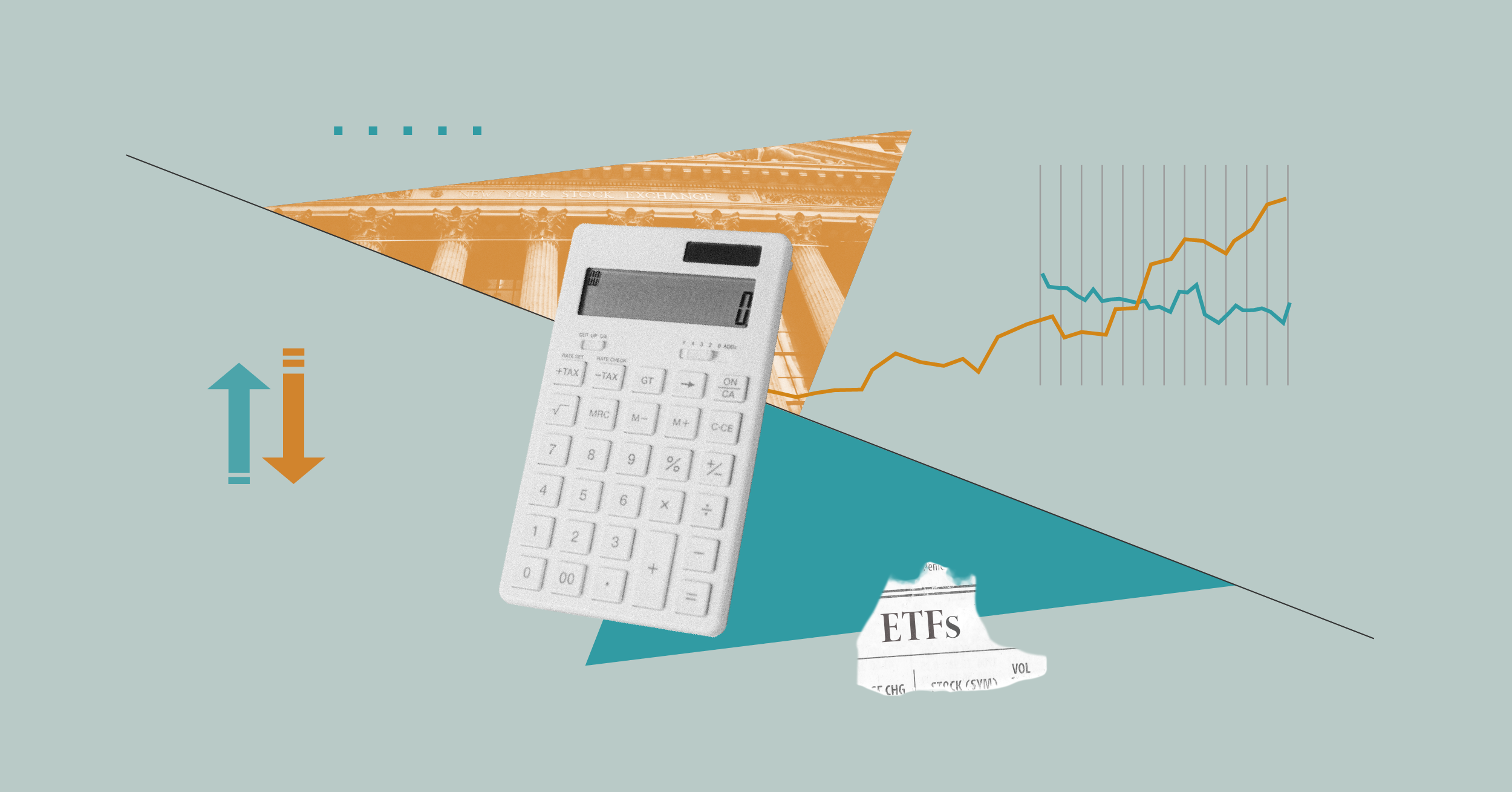 Collage comprenant une calculatrice, une coupure de presse sur les FNB et des &eacute;l&eacute;ments graphiques.