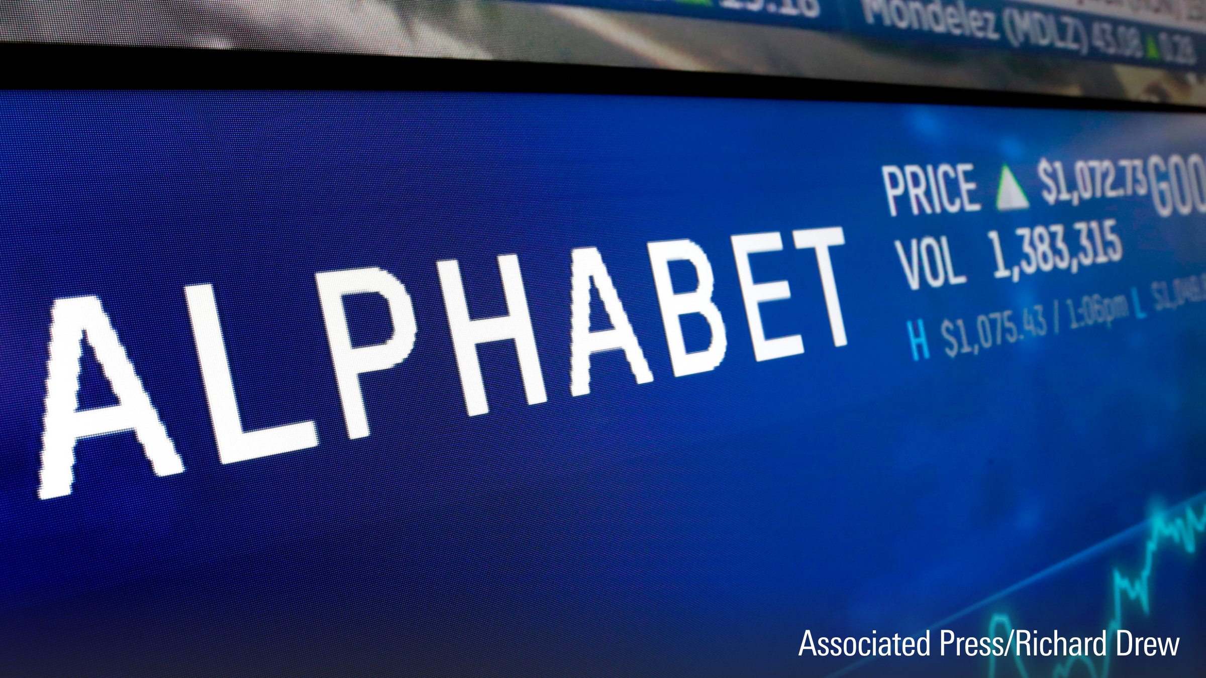 The logo for Alphabet appears on a screen at the Nasdaq MarketSite in New York.