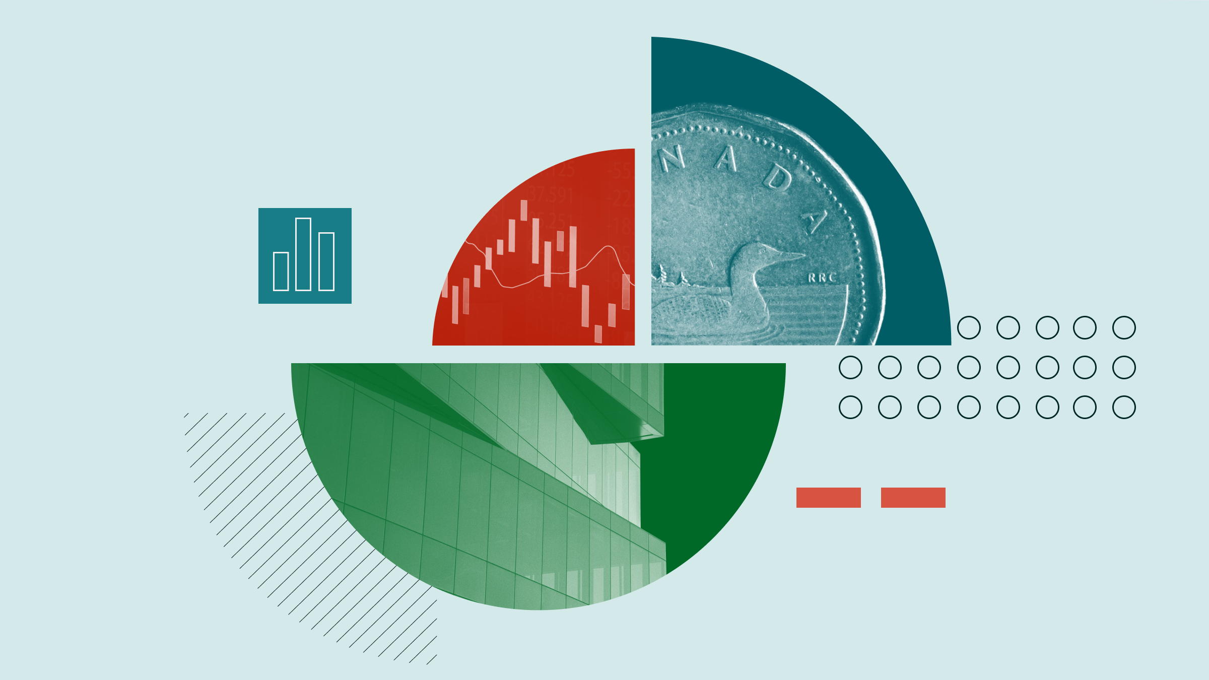 Collage illustration featuring a one-dollar Canadian loonie coin, a ticker board showing a neutral market trend, and an office building.