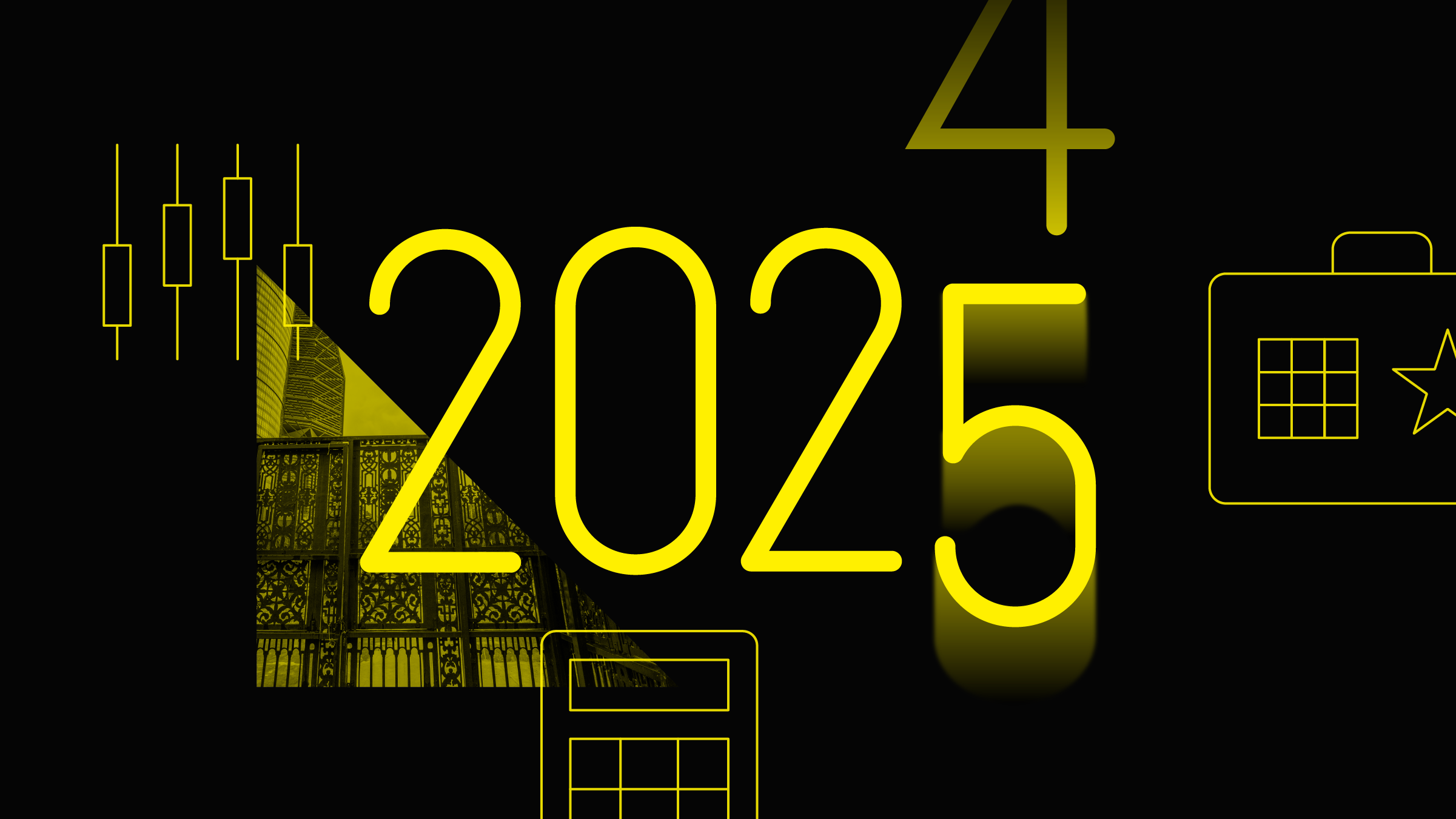 Collage with the year "2025" at the center, a fading numeral 4 above, and icons and photos in the background