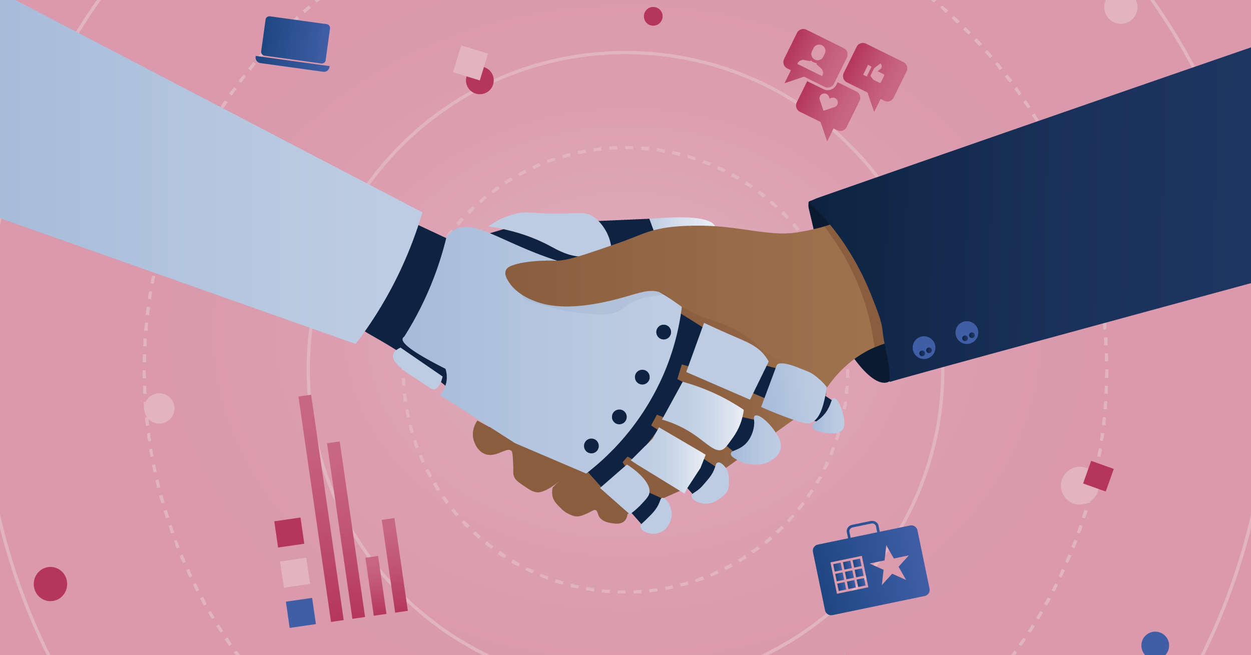 Illustration of a robot and a human shaking hands in front of a pink background with blue and red social media and internet related icons.