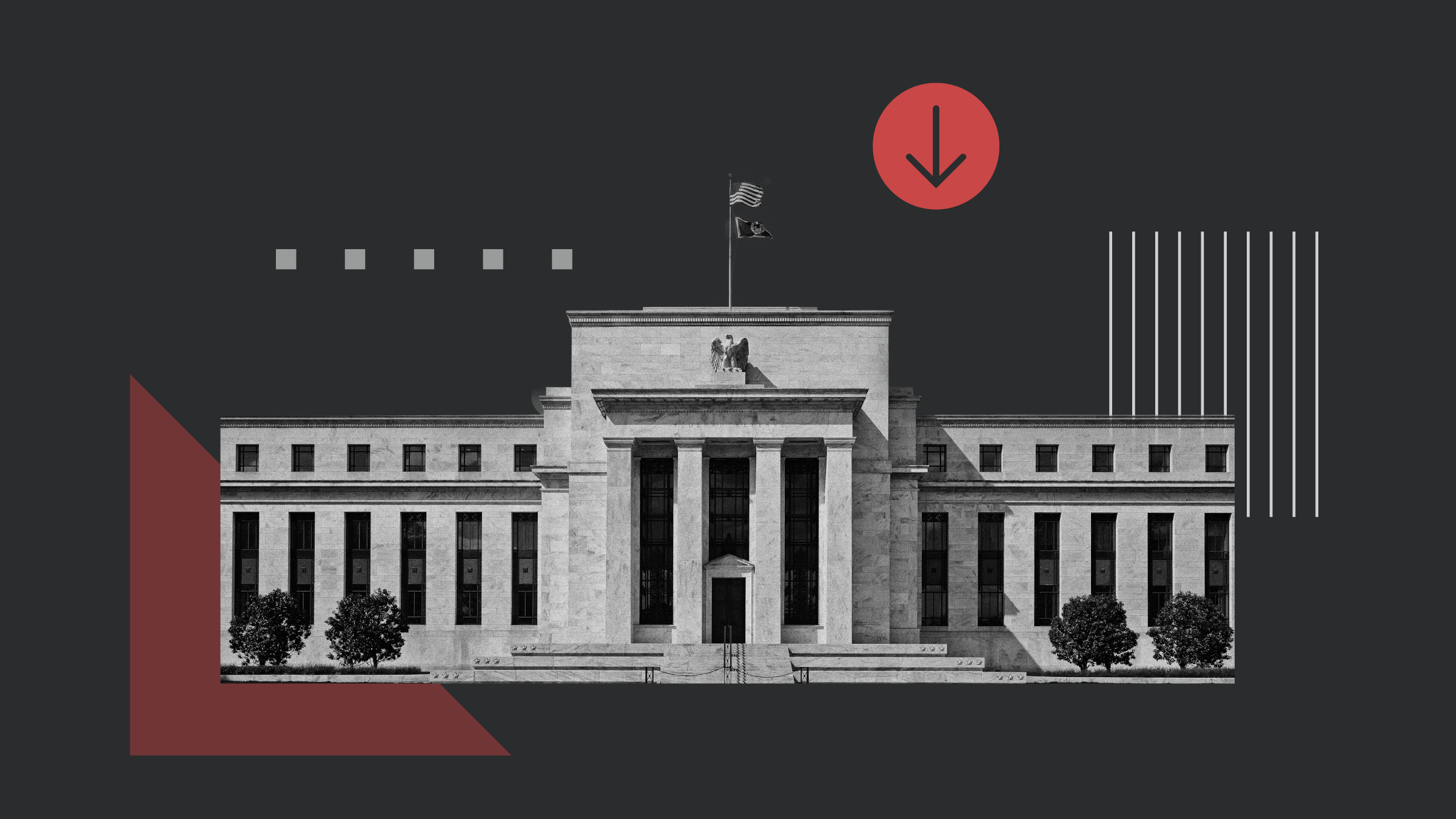 Photo collage illustration of the U.S. Federal Reserve building with shapes and icons, including a downward-pointing arrow