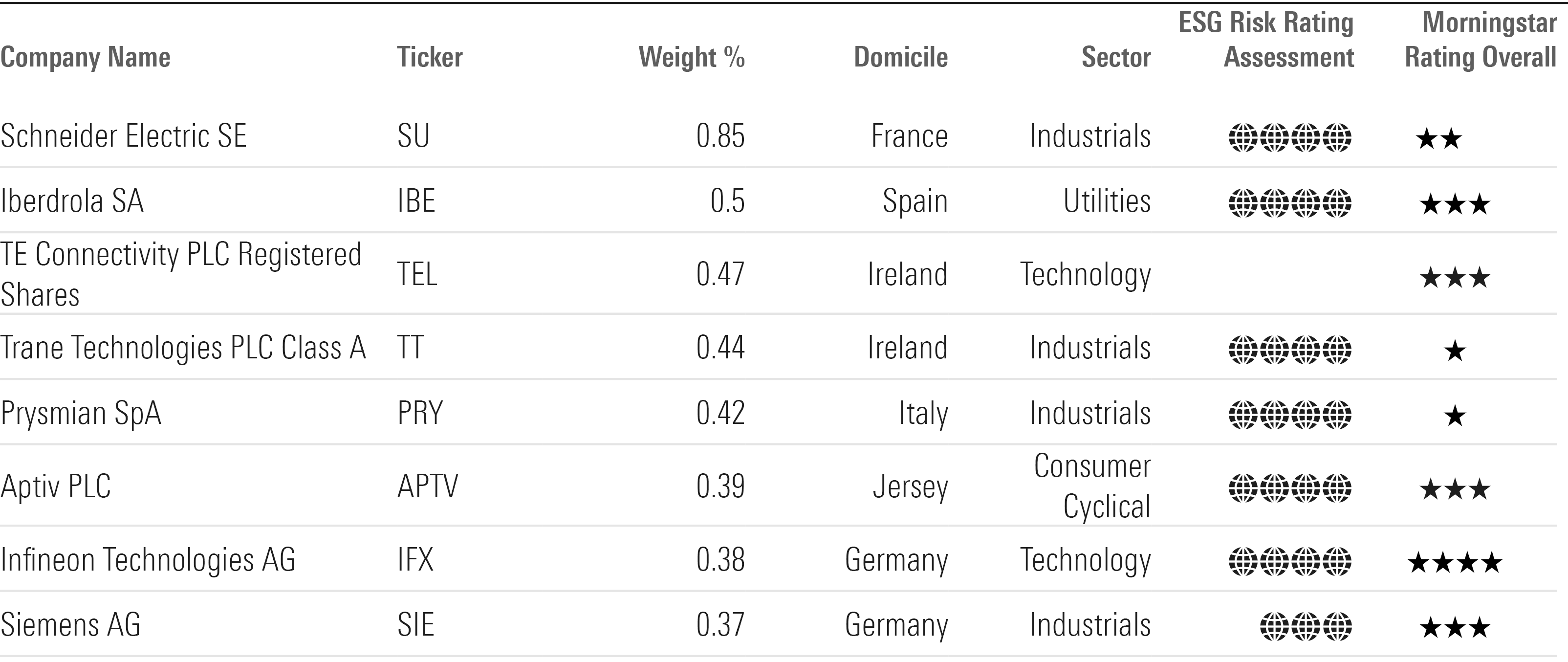 List of unique stocks held by sustainable large cap funds and respective data metrics. - graphic - Liz Angeles - © Copyright 2025 Morningstar, Inc. All rights reserved.