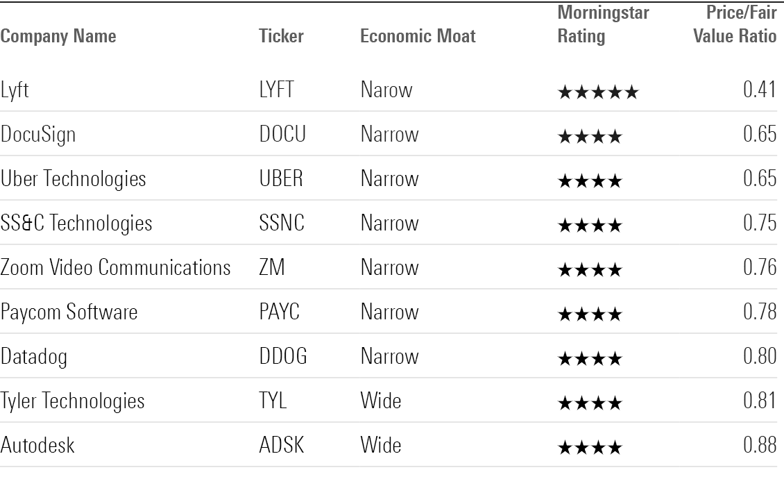 Table showing nine undervalued software application stocks with economic moat.