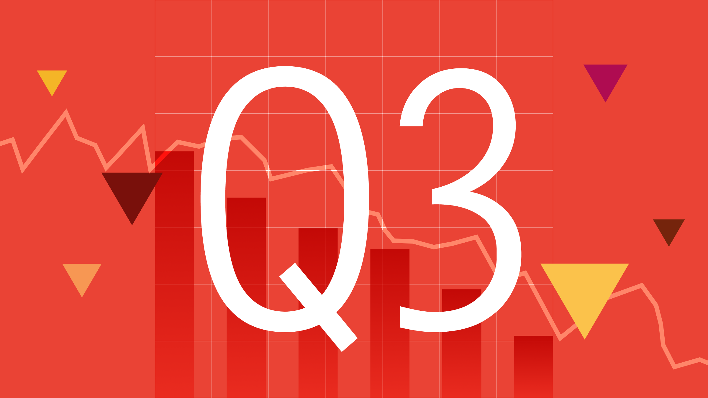 Illustration of chart elements on a red background with 'Q3' at the center, showing a down quarter
