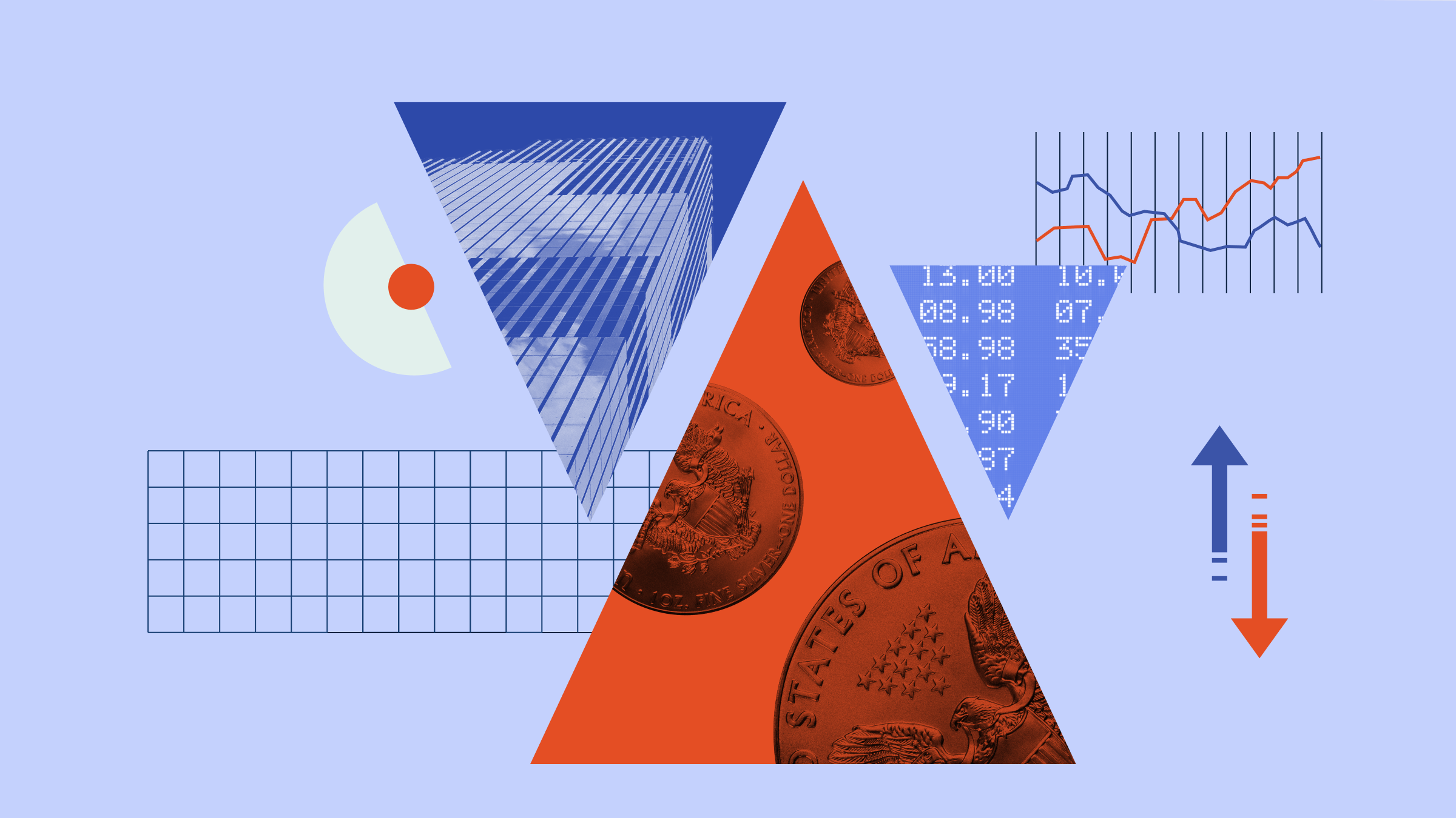 Collage illustration featuring triangles pointing up and down, with photographs of coins and a city building integrated into the design, alongside various graphical elements.