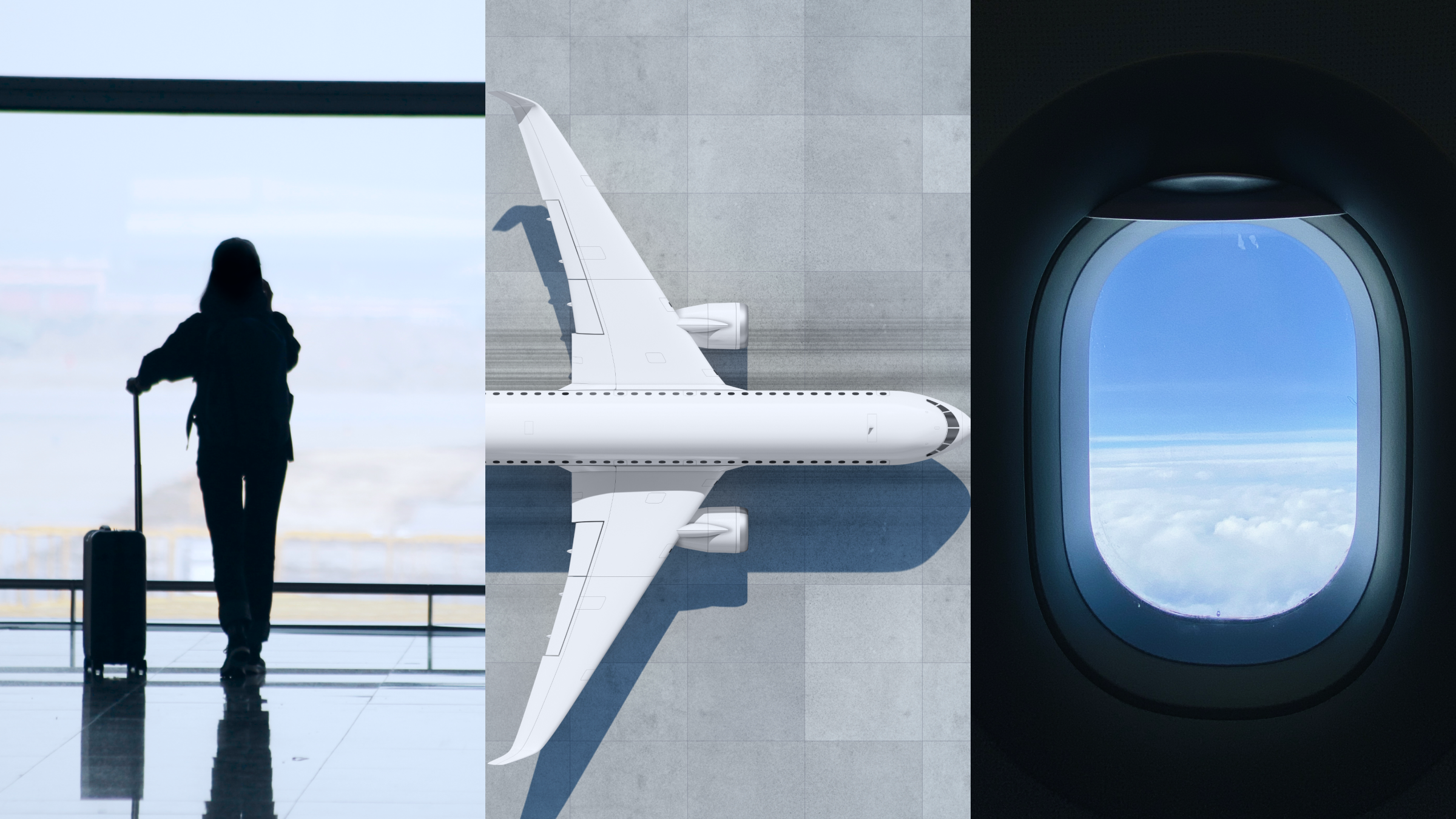 Collage vom Flughafen - Frau mit Koffer, Blick aus Flugzeug auf Wolken, Flugzeug