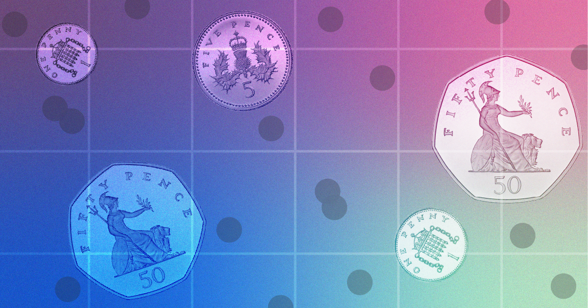 Photo collage illustration of graph elements and sterling coins floating.