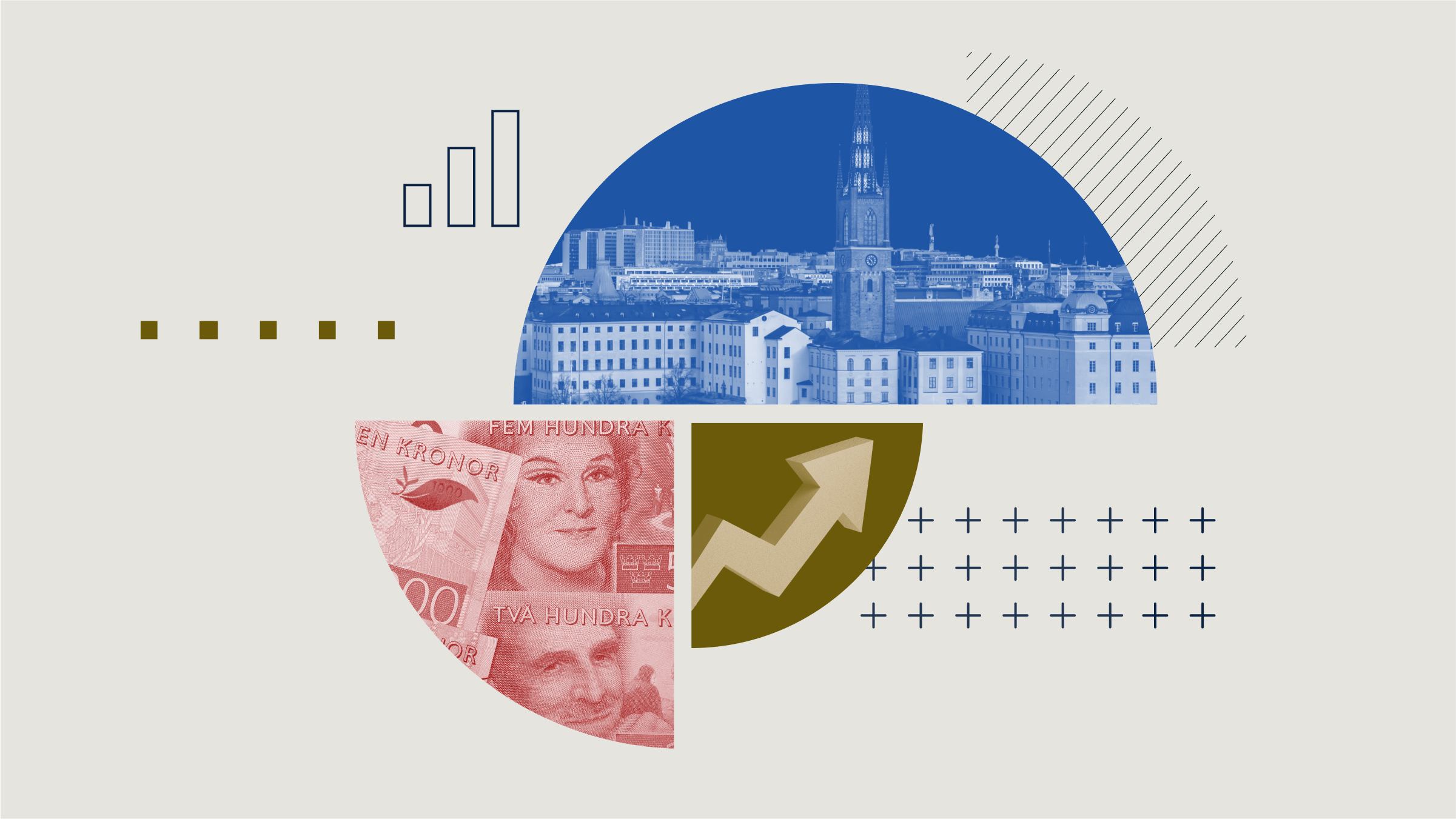 Collageillustration av ett cirkeldiagram med bilder av Stockholm, en pil uppåt och valuta.