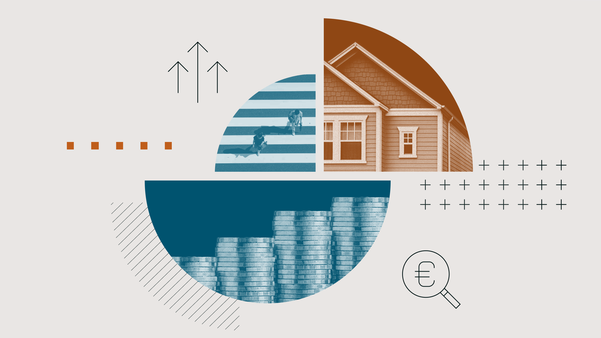 Collage illustration of a pie chart featuring a house, stacks of coins, and people on a crosswalk.