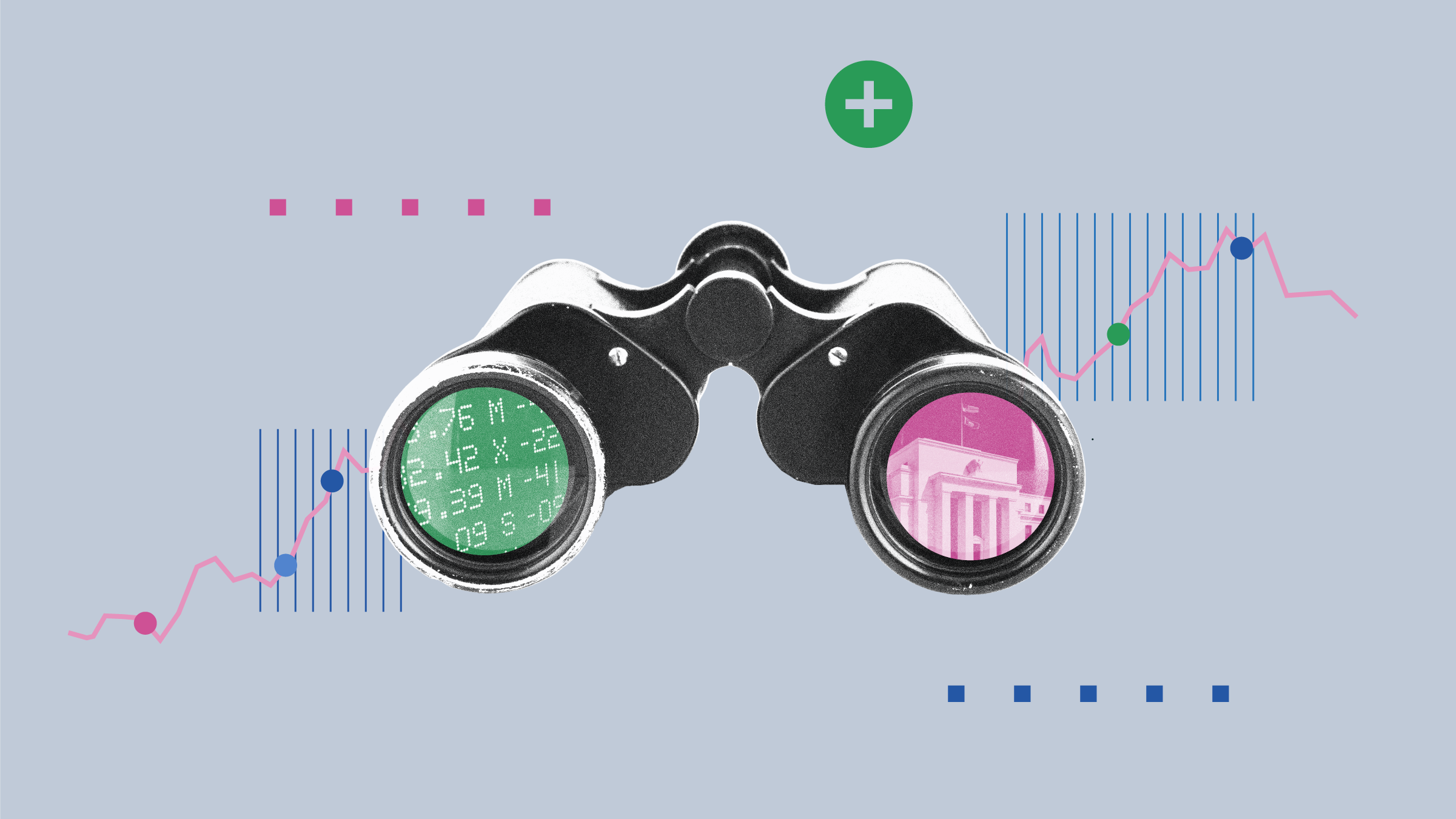 Illustration on binoculars with graphical elements and time series graph in the background