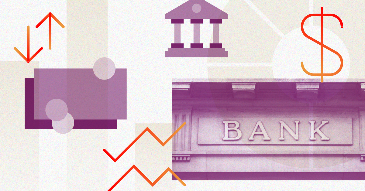 Collage of bank sign photograph, money, dollar sign and graphs