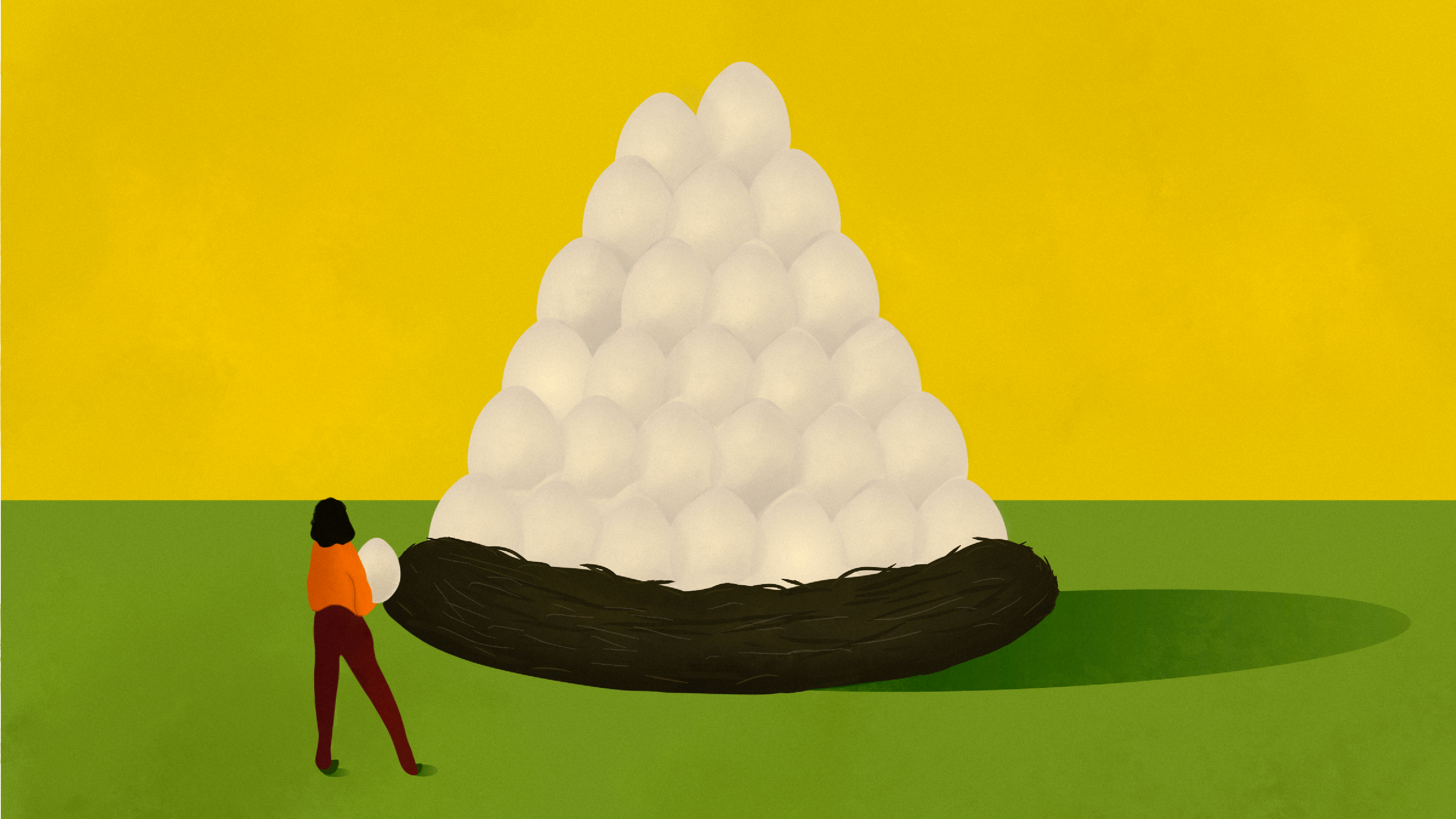 Illustration of eggs stacked in a nest, with a person holding one egg and looking at the stack