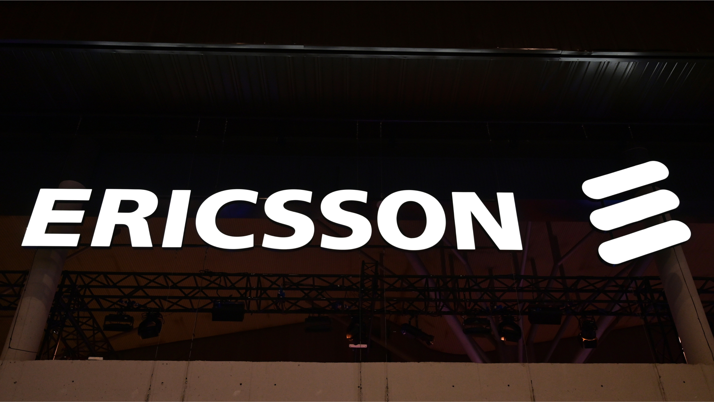 Logo of Ericsson is displayed during the Mobile World Congress.