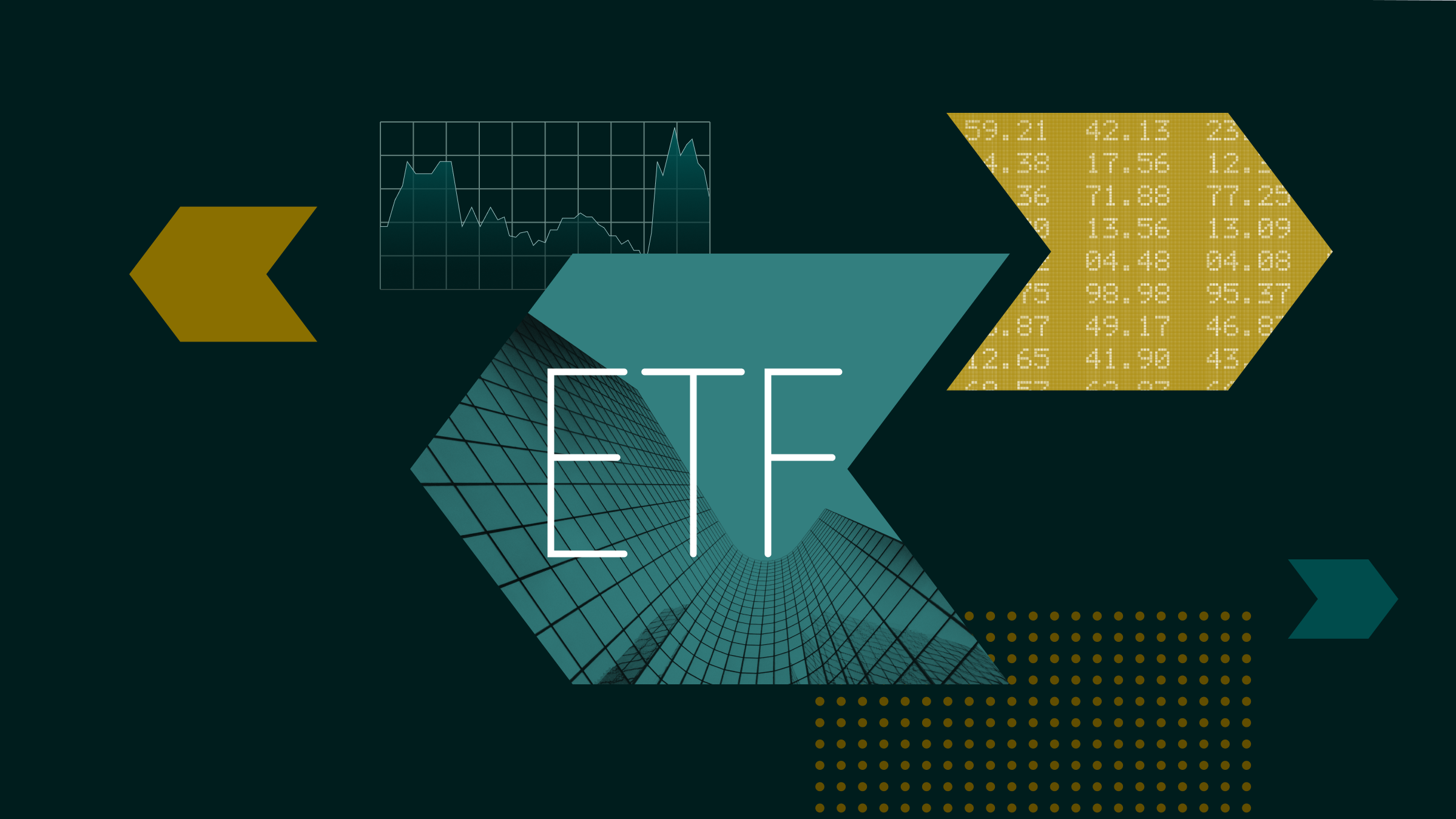 Collage illustration with arrows pointing left and right, a building, a ticker board, and 'ETF' text.