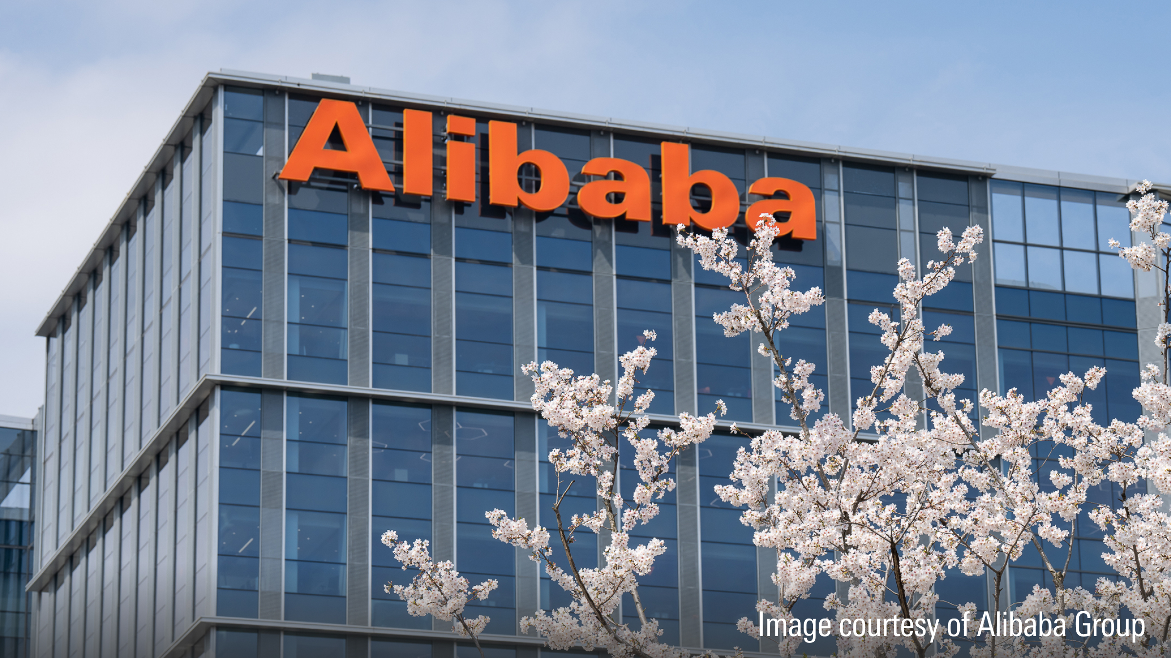 The Alibaba logo and signage is displayed on a building in Xixi, Hangzhou, China.
