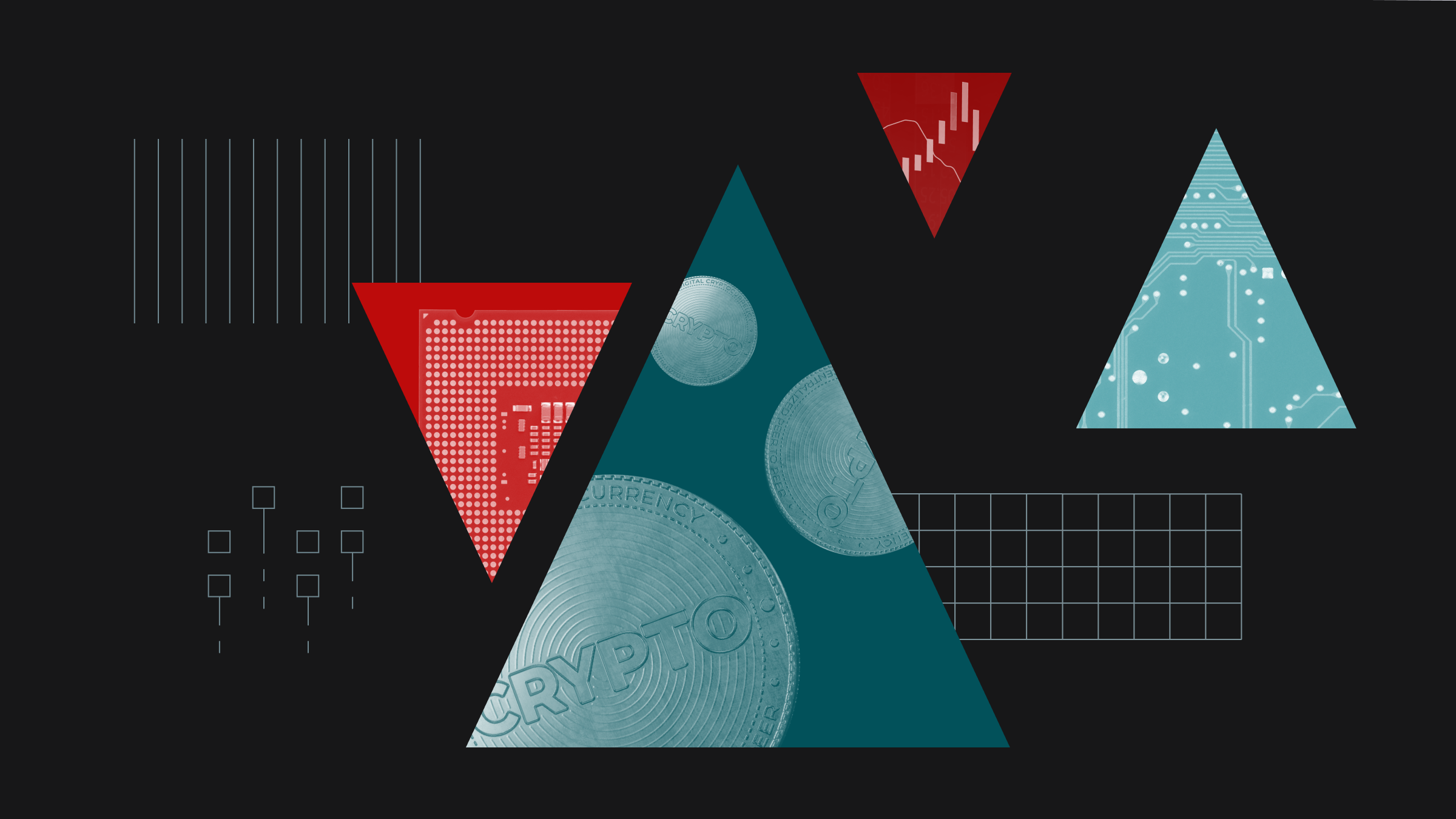 Collage-illustratie met cryptomunten, halfgeleiders en grafische elementen binnen naar boven en beneden gerichte driehoeken.