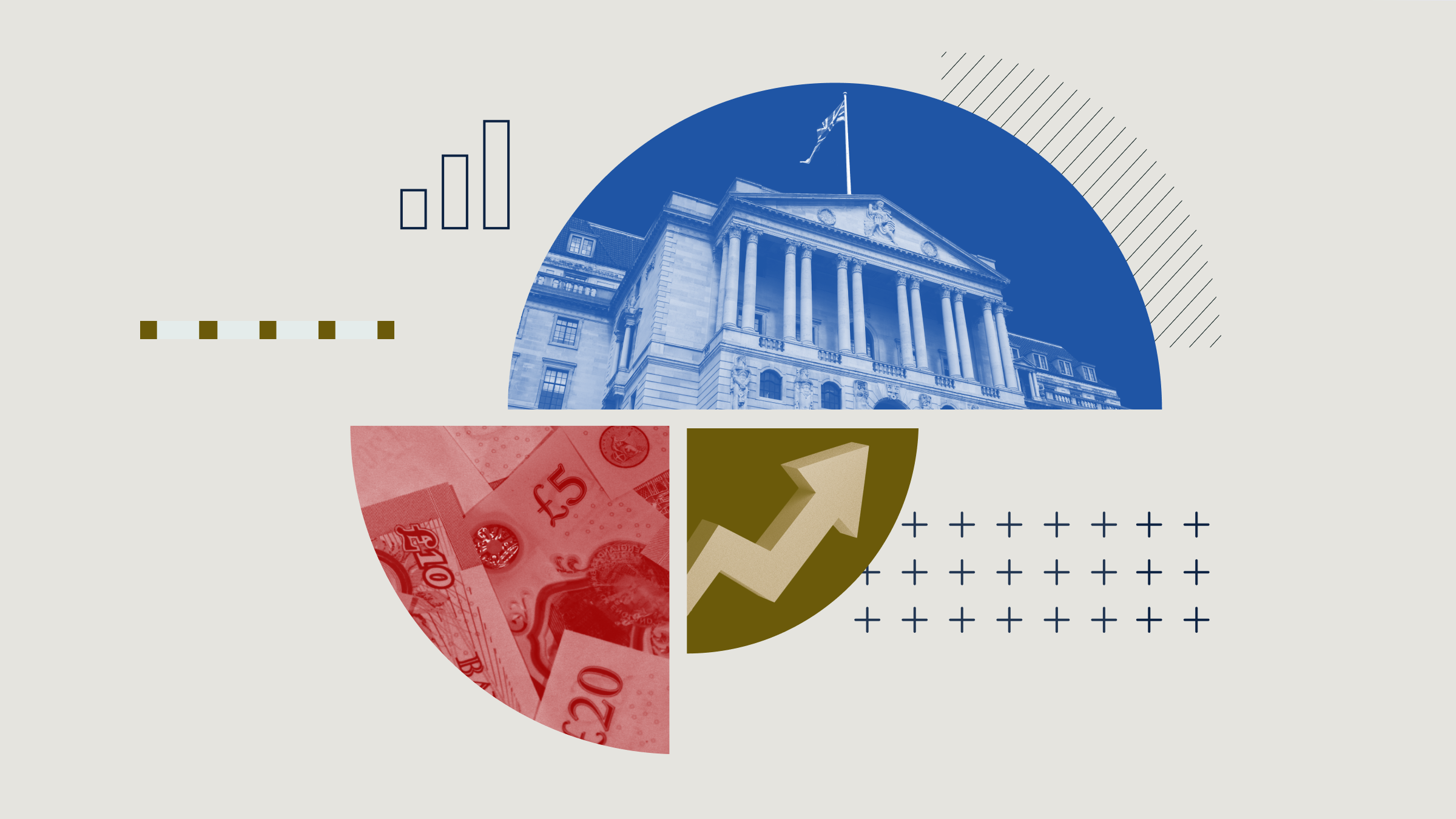 Collage illustration of a pie chart with images of the Bank of England, an upward arrow, and banknotes.