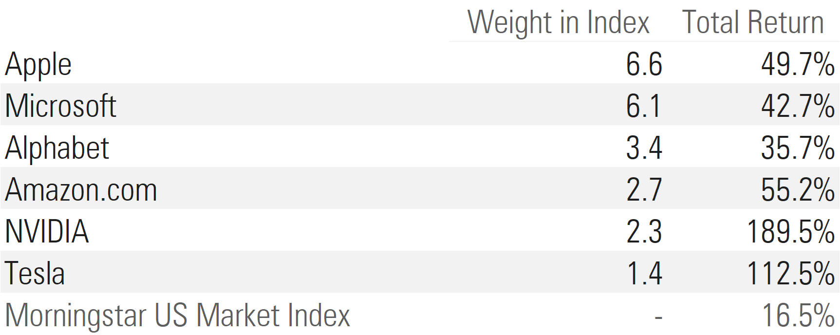 The Major Six Stocks of the Morningstar US Market Index