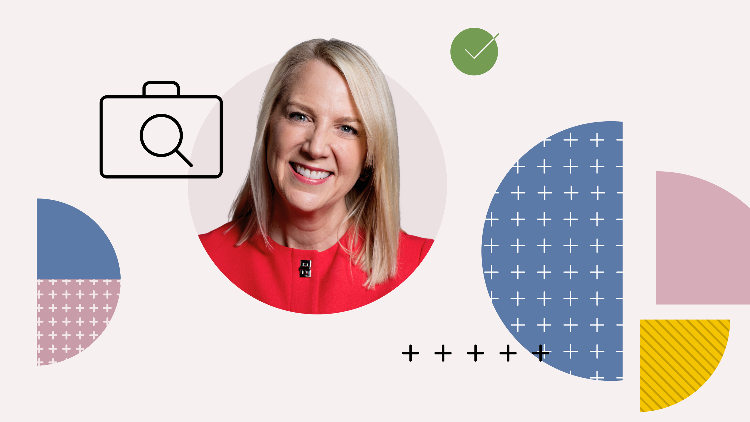 Photo collage illustration of Christine Benz with icons and shapes