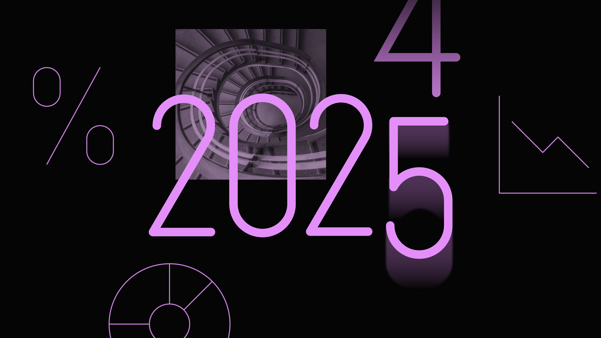 Collage with the year &quot;2025&quot; at the center, a fading numeral 4 above, and icons and photos in the background