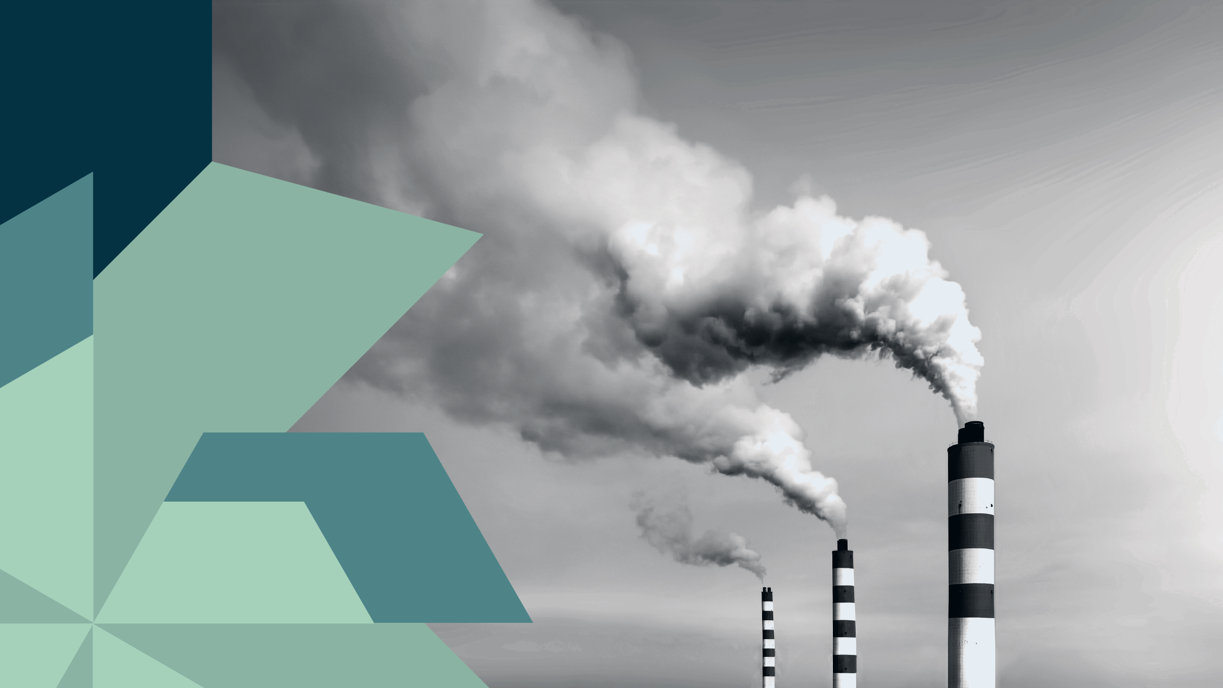 Collage-style illustration showing an abstract windmill on the left and a factory emitting smoke photograph.