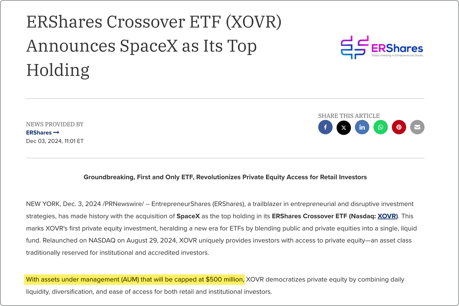 ETFの純資産総額の上限を5億ドルとすることなどを発表した12/3/24のプレスリリースのスクリーンショット。その後、ERSharesはこれらのコメントを明確にした。