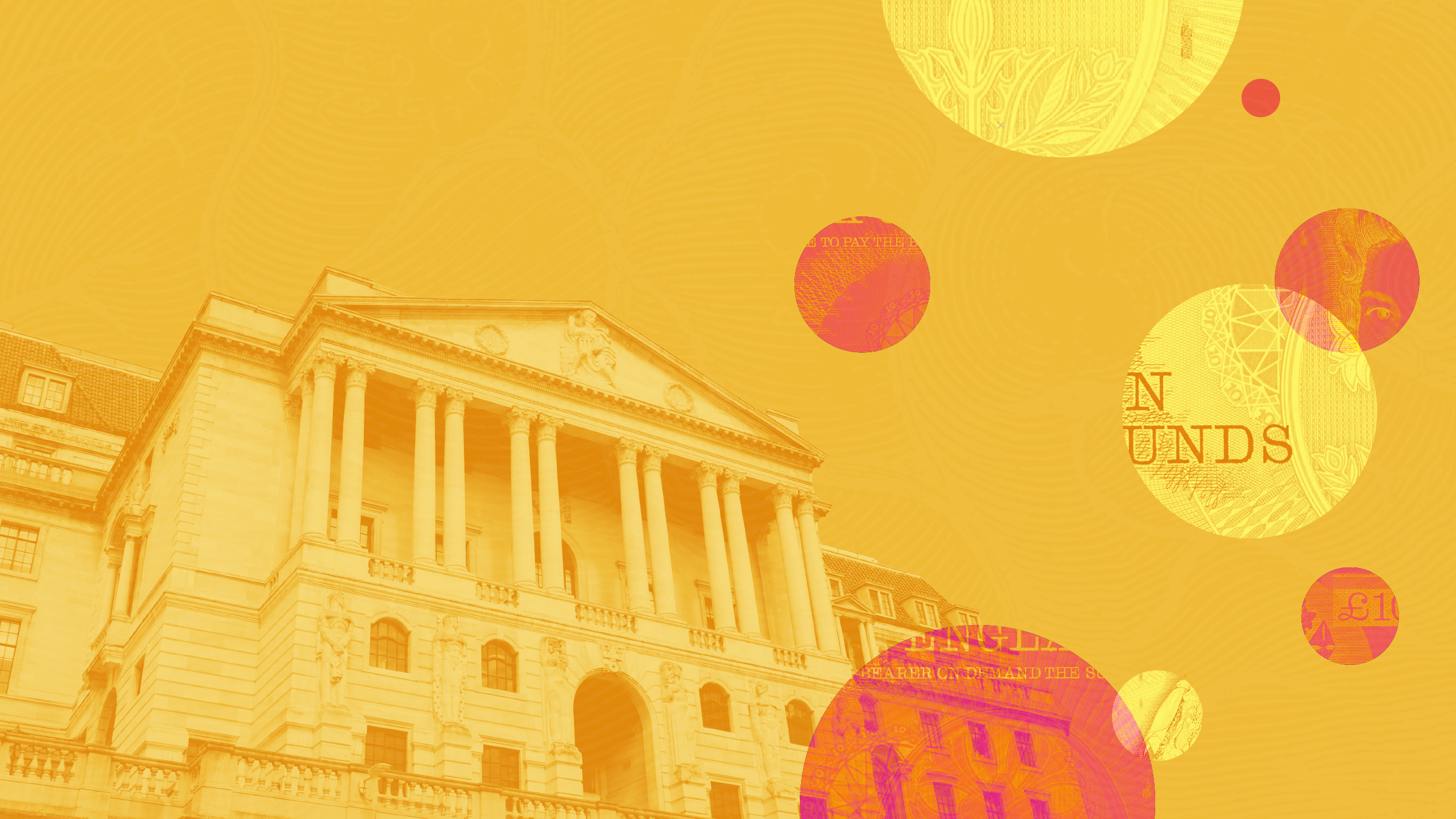 A collage illustration depicting the Bank of England building surrounded by inflating bubbles, each containing sections of a sterling banknote.