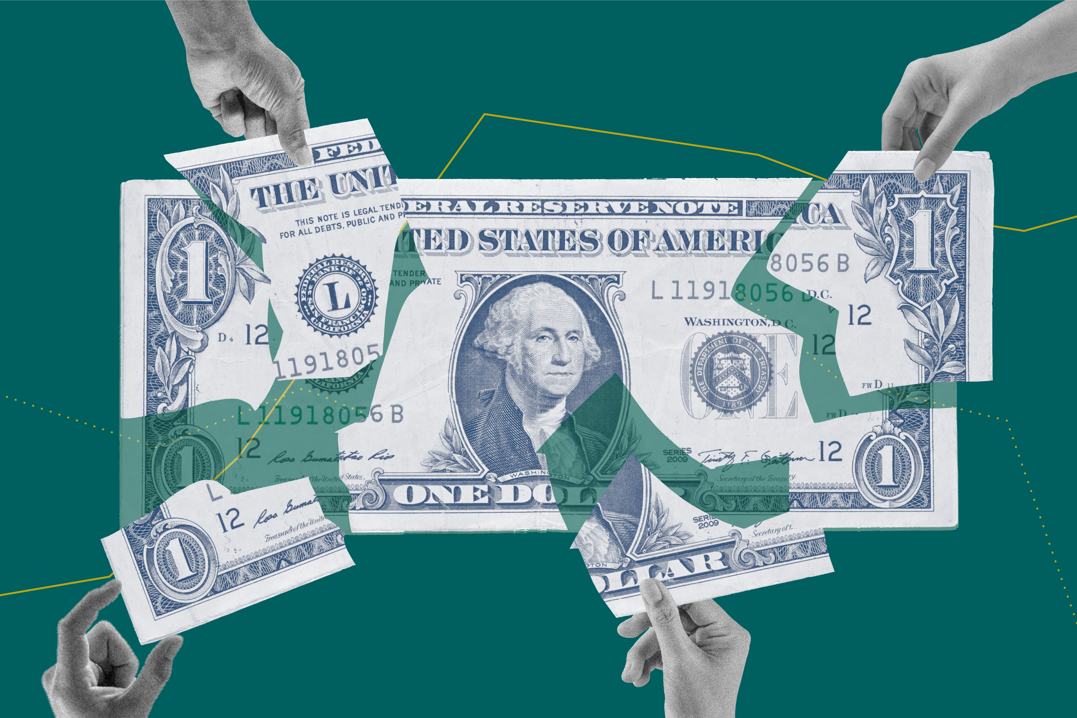 Illustration shows a U.S. dollar bill ripped into pieces with several hands reaching for a piece