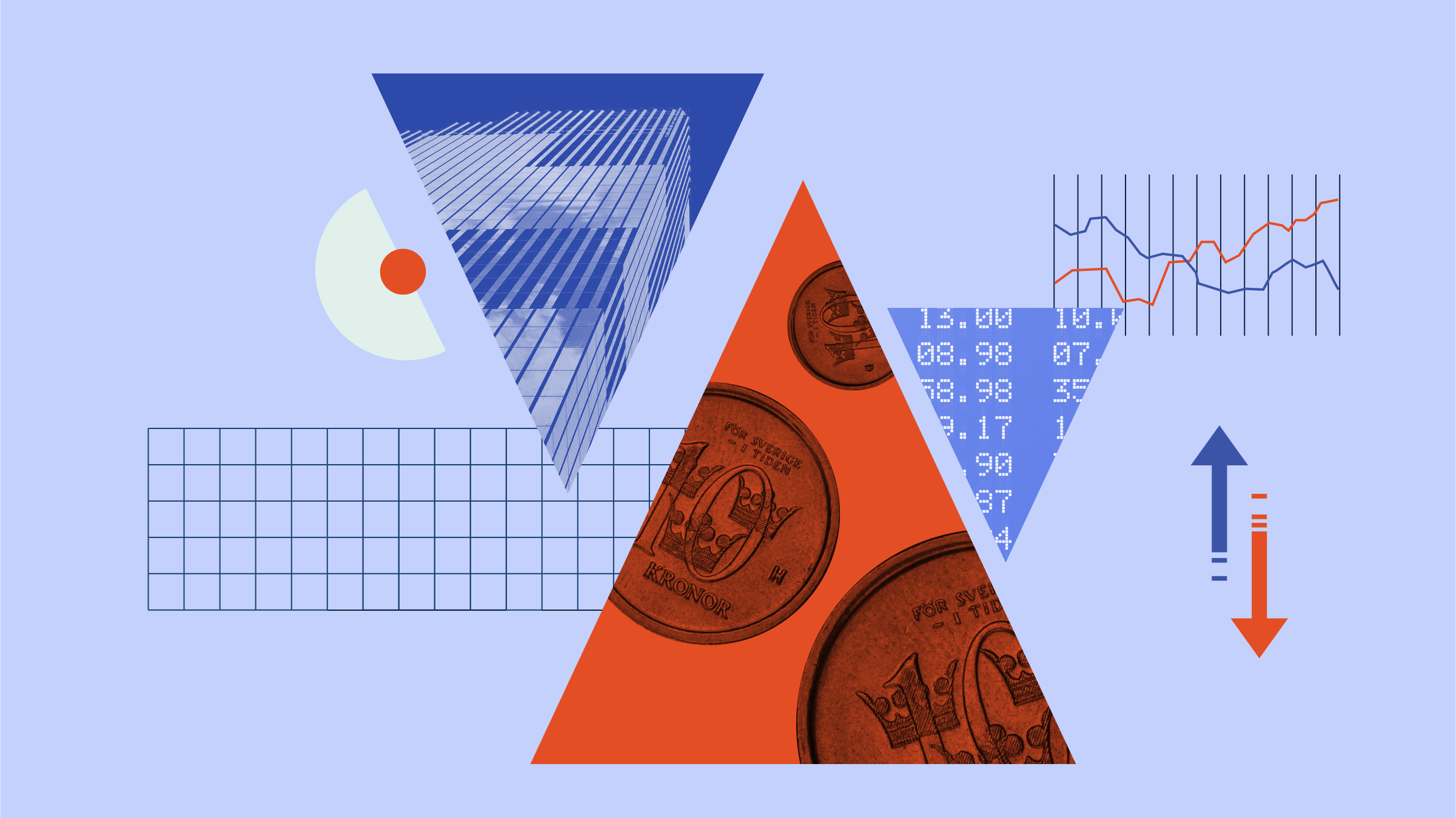 Collage illustration of a pie chart with images of the Oslo, an upward arrow, and currency.