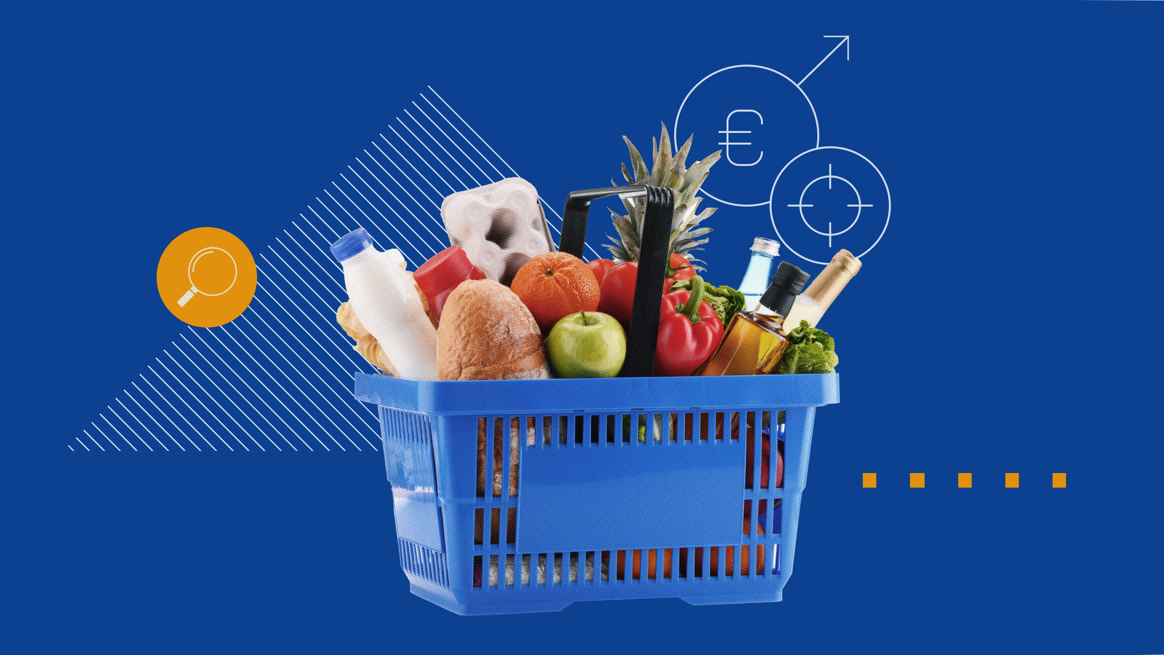 Collage illustration of a basket filled with groceries, featuring a euro icon and a magnifying glass.