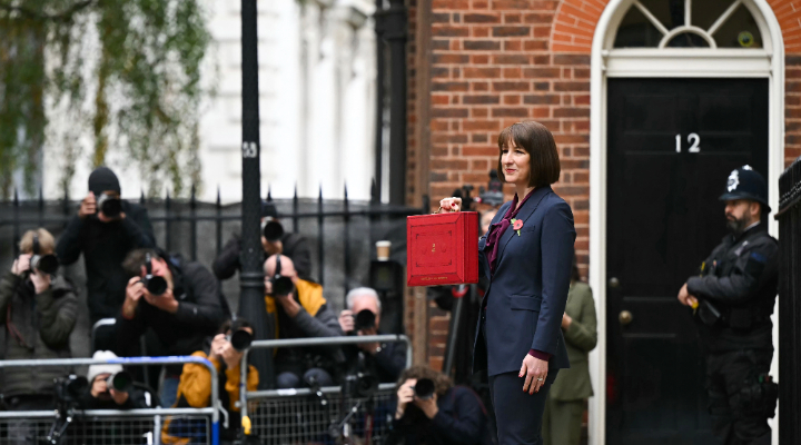 Chancellor Rachel Reeves poses with her Red Ministerial Box ahead of the 2024 UK Budget, the first Labour fiscal event in 14 years and the first ever led by a woman chancellor