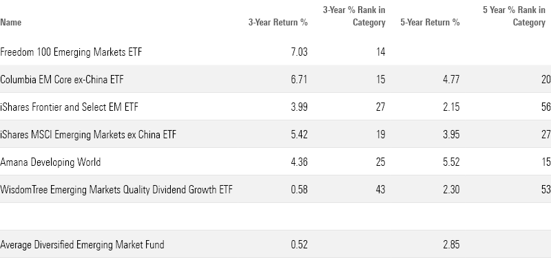 A table of the long-term performance of the mutual funds and ETFs that don't invest in Chinese stocks