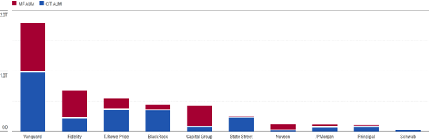 A bar chart showing that the five largest providers control roughly 80% of all target-date assets.