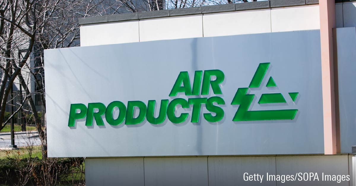 Logo sign outside of the headquarters of Air Products and Chemicals, Inc., in Allentown, Pennsylvania.